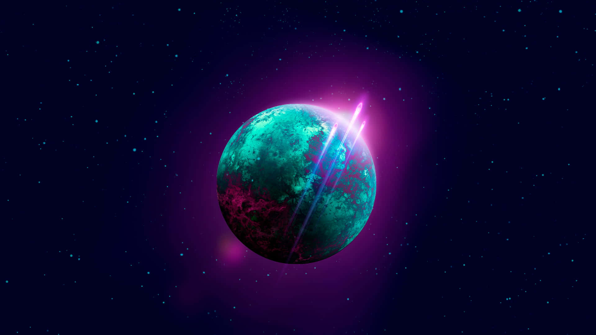 一顆發光的行星，在星空場景中帶有霓虹光束。