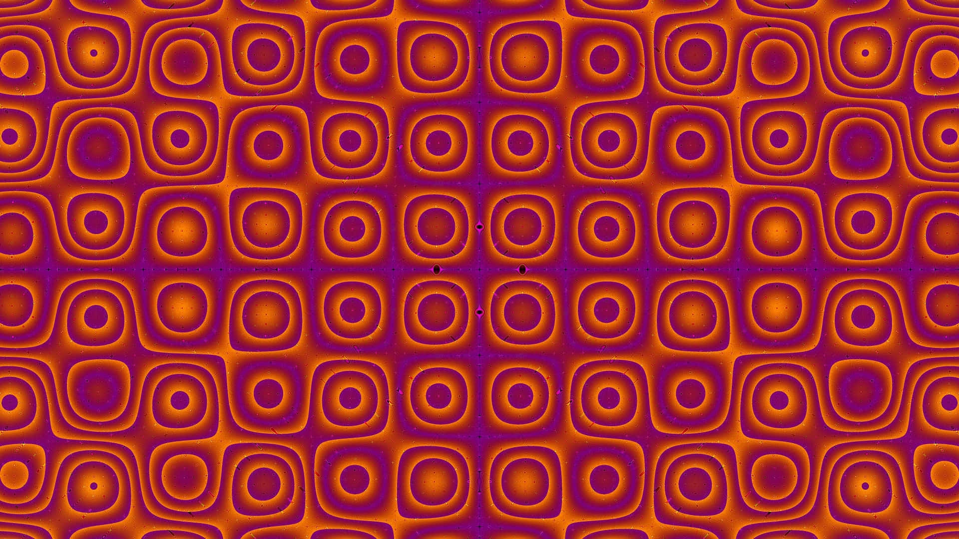 Psychedelic 70s Aesthetic 桌布 壁紙 — 在深紫色背景上，圓角正方形內發光的橙色圓圈形成充滿活力的重複圖案。