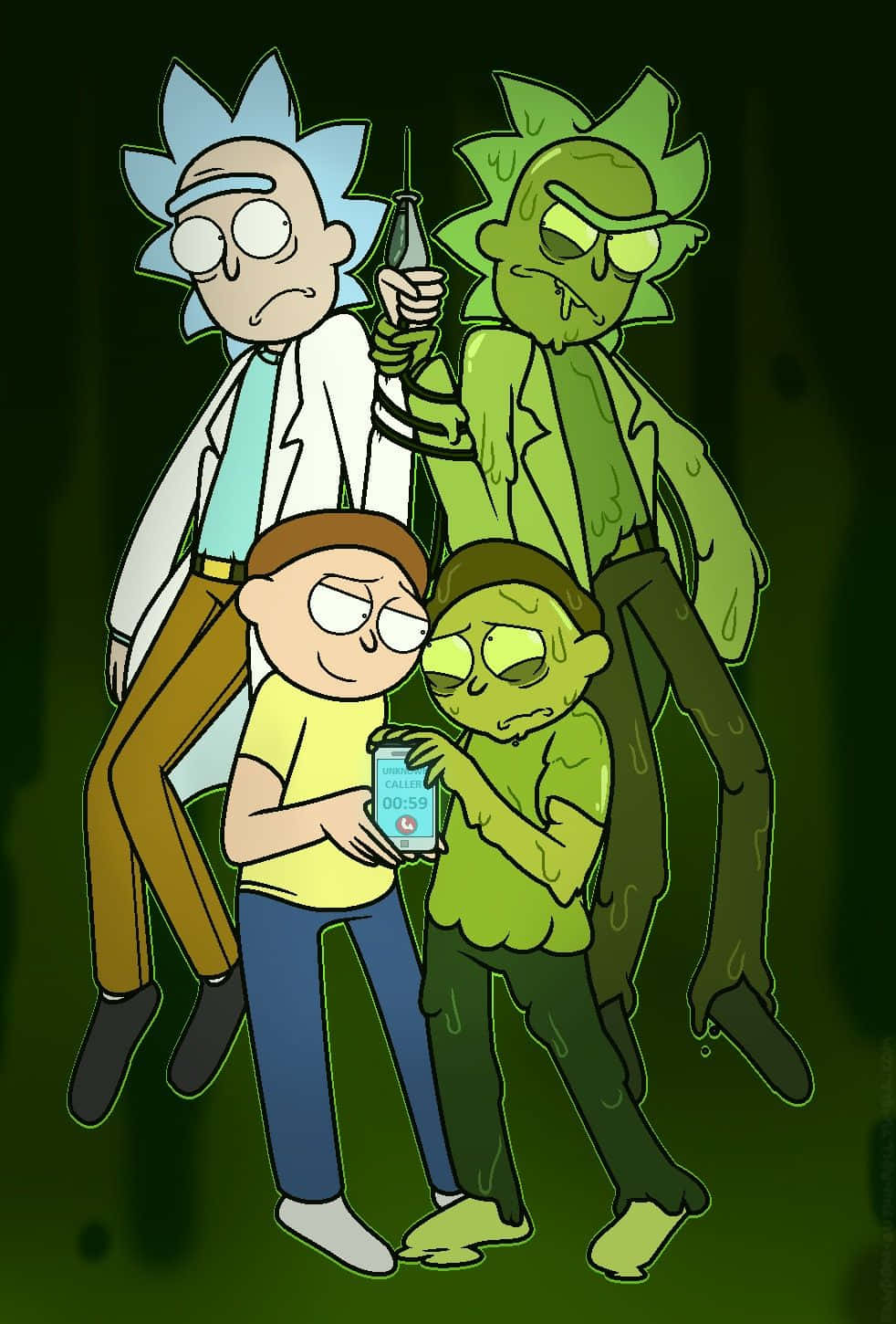 The Council Of Ricks 桌布 壁紙 — 在深綠色場景中的瑞克和莫蒂角色，瑞克拿著注射器，莫蒂拿著電話。