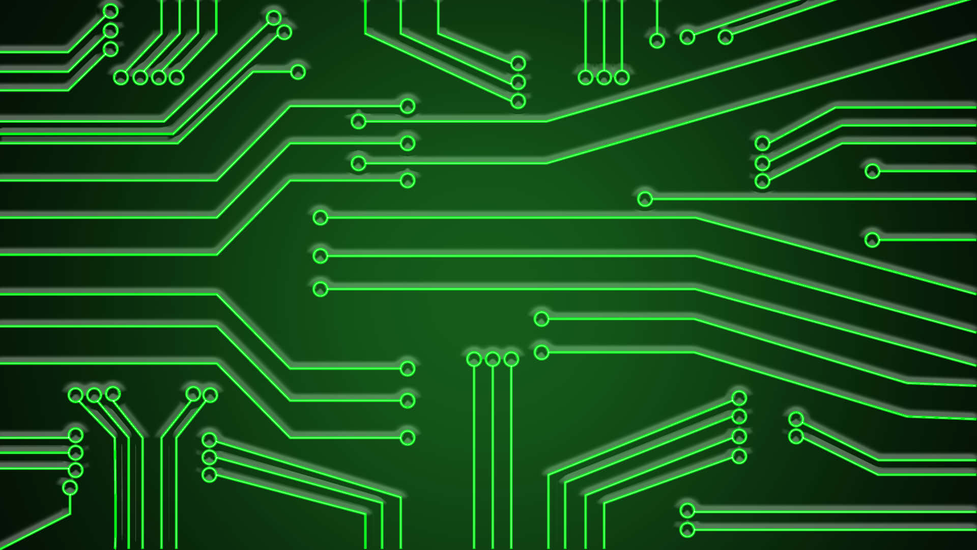 Green Technology 桌布 壁紙 — 在深綠色漸變背景上，充滿活力的綠色發光電路板路徑。