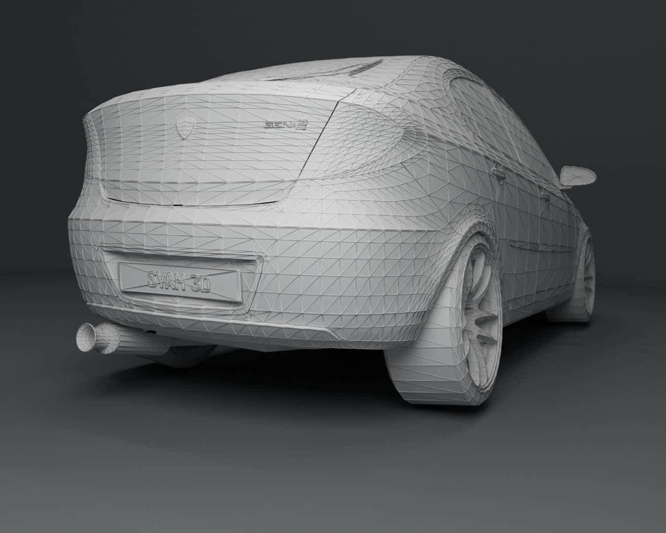 Proton Gen-2 桌布 壁紙 — 在深色工作室背景上，以單色線框網格渲染的時尚汽車，具有可見的多邊形幾何形狀。
