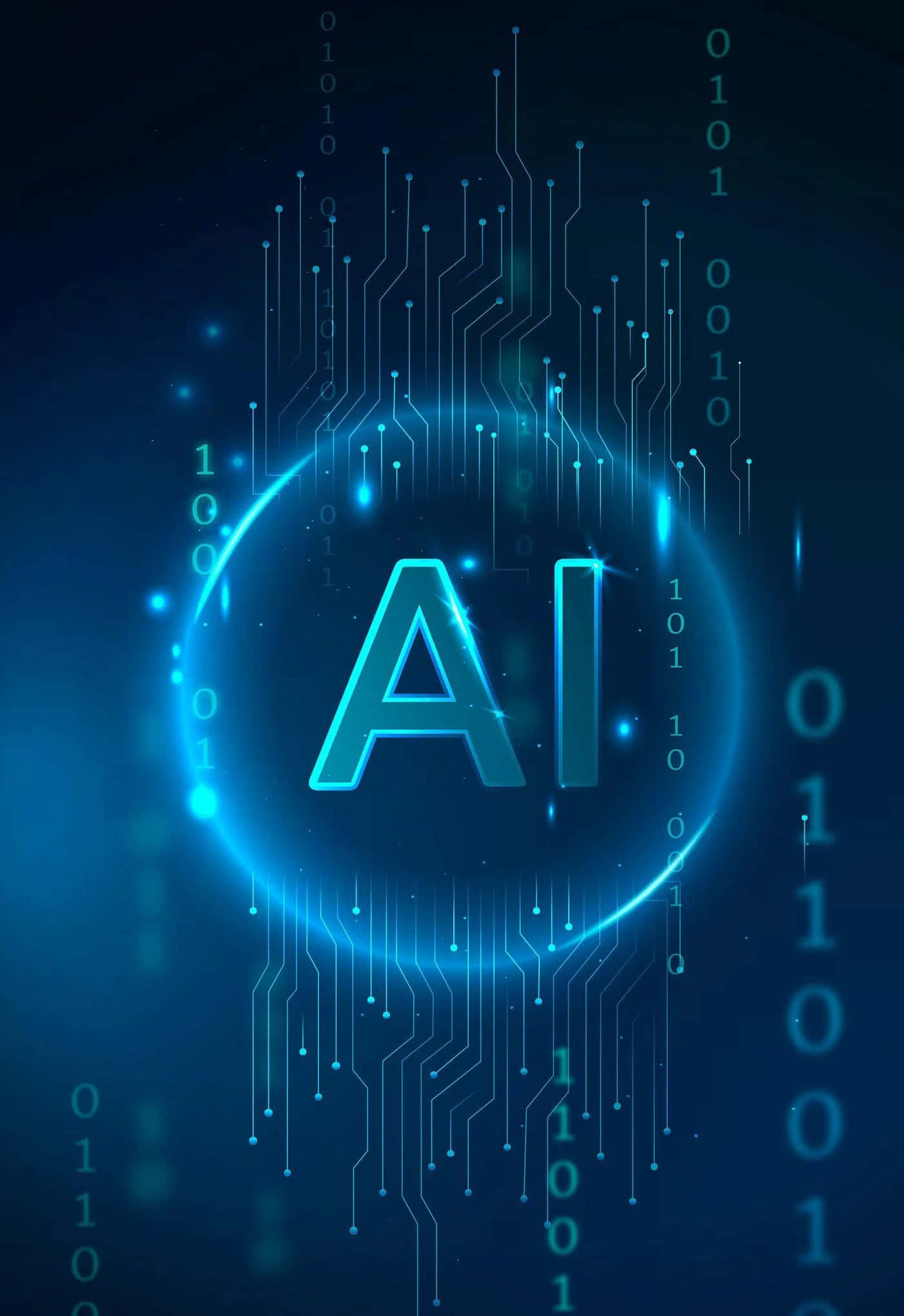 AI 桌布 壁紙 — 在深色數位背景上，發光的藍色AI字母被電路和二進制代碼包圍。