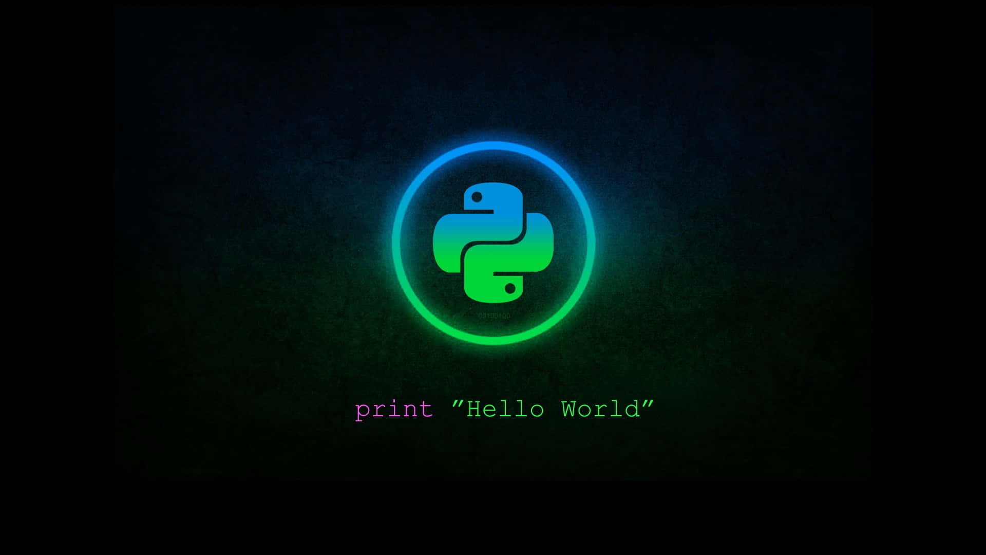 Programming 桌布 壁紙 — 在深色紋理背景上帶有「print Hello World」文字的發光Python標誌。