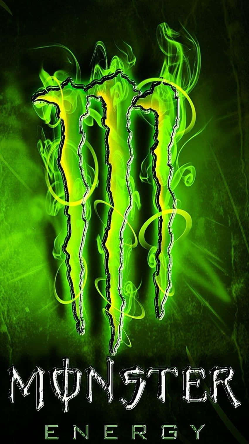 Monster Energy 桌布 壁紙 — 在深色紋理背景上帶有煙霧效果的鮮綠色發光怪物標誌。