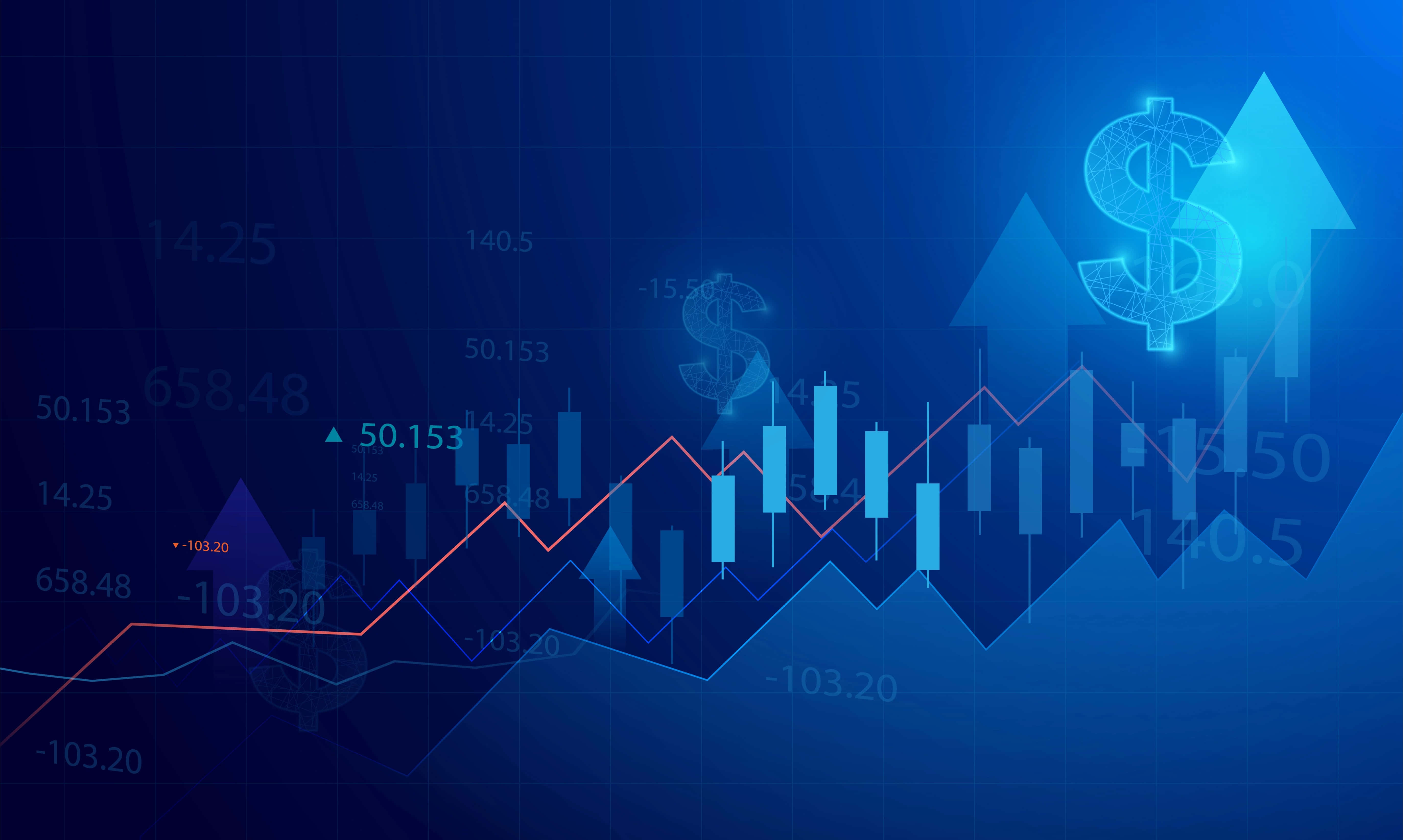 Stock Market 桌布 壁紙 — 在深色網格背景上，帶有上升箭頭和美元符號的發光藍色金融圖表。