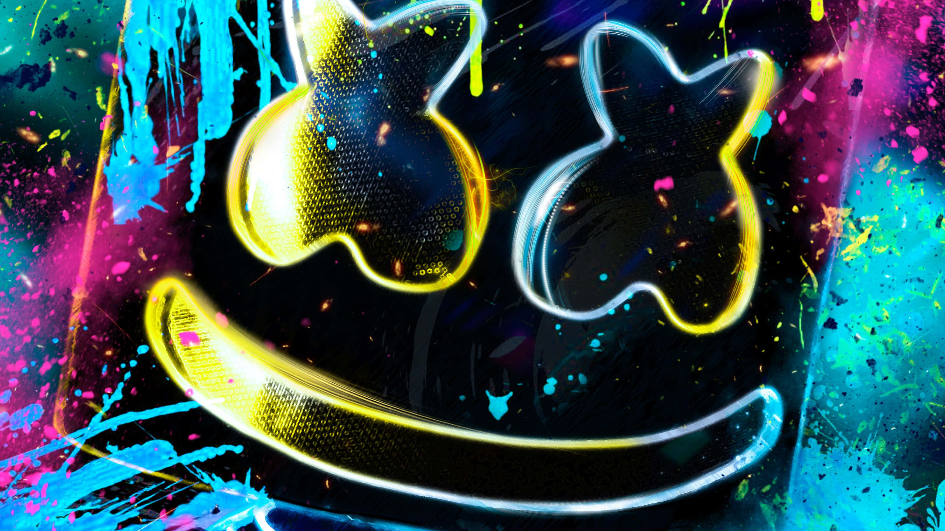Marshmello 桌布 壁紙 — 在深色背景上，一個發光的黃色笑臉面具，帶有油漆飛濺和霓虹色彩。