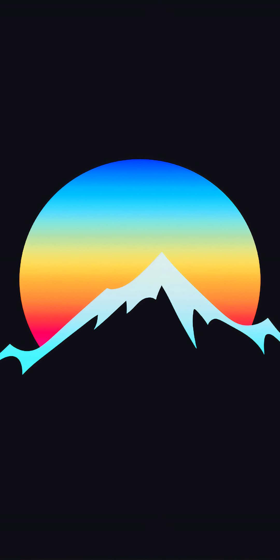 Minimalist Phone 桌布 壁紙 — 在深色背景上，一個風格化的山峰剪影在充滿活力的漸變日落圓圈前突出。