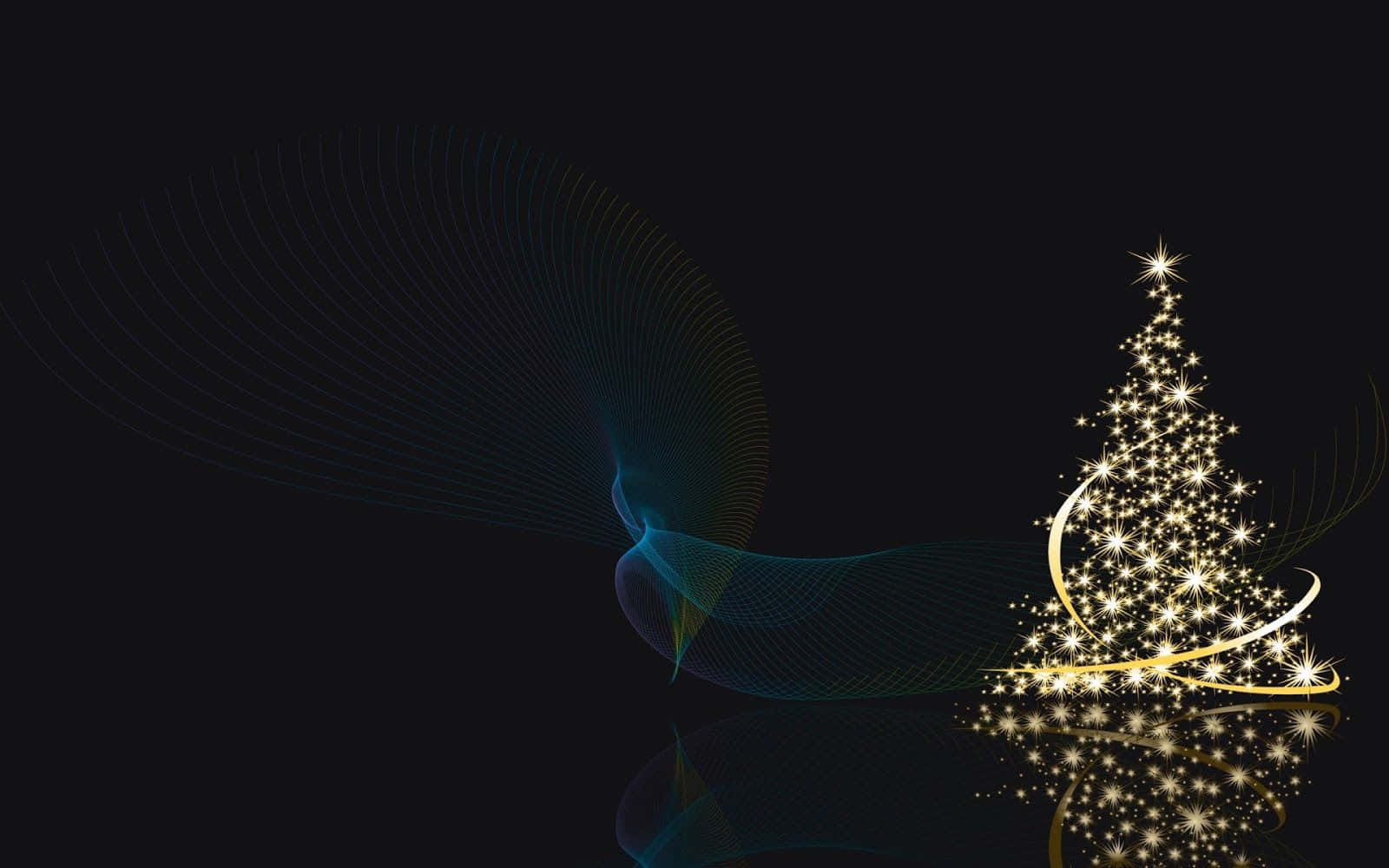Dark Christmas 桌布 壁紙 — 在深色背景上，一棵閃爍金色光芒的聖誕樹，飾有閃亮的星星和優雅的漩渦。