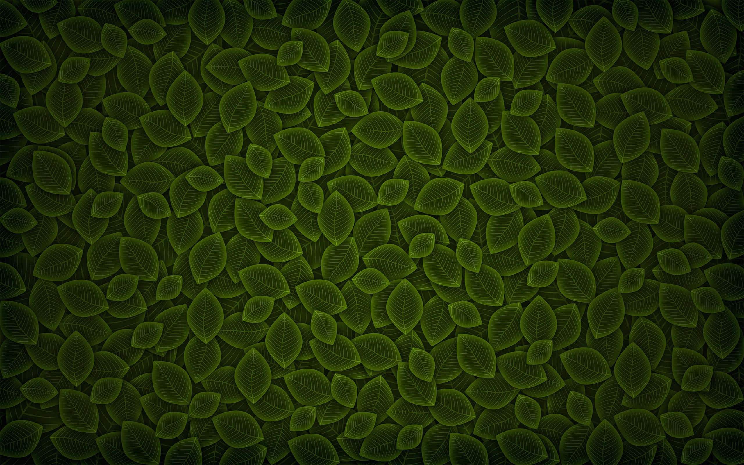 Green Texture 桌布 壁紙 — 在深色背景上，帶有可見葉脈的發光綠色葉片形成密集圖案。