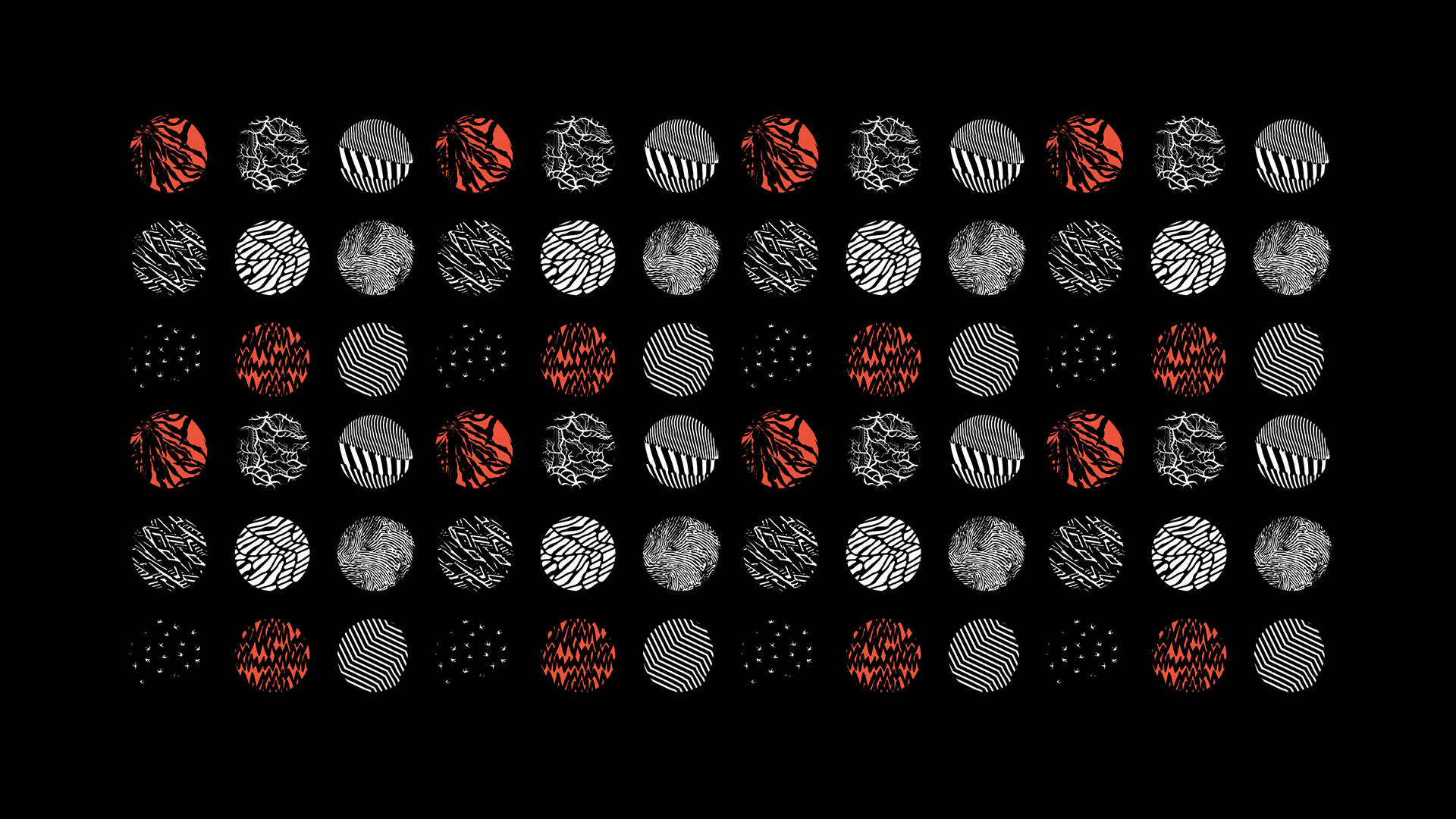 Twenty One Pilots：Blurryface 壁紙 — 在深色背景上，由紅色、白色和黑色組成的風格化圓形圖案網格。
