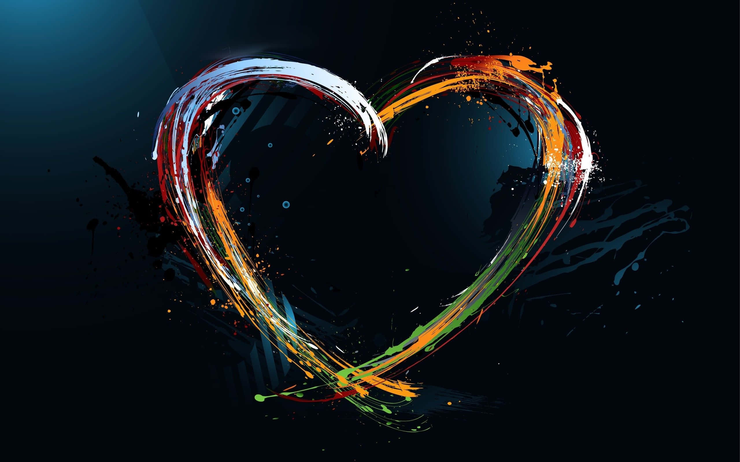 Heart Art 桌布 壁紙 — 在深色背景上，色彩繽紛的油漆飛濺和條紋形成一個充滿活力的心形漩渦。