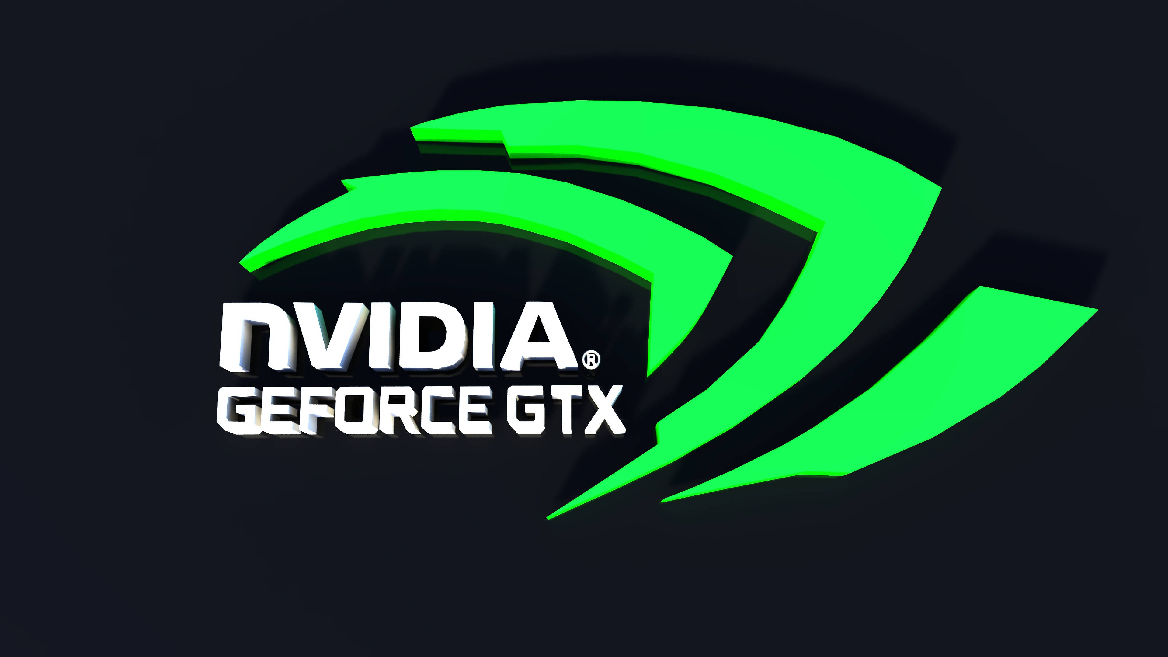 GeForce Nvidia GTX 壁紙 — 在深色背景上帶有發光邊緣的鮮豔綠色NVIDIA GeForce GTX標誌。