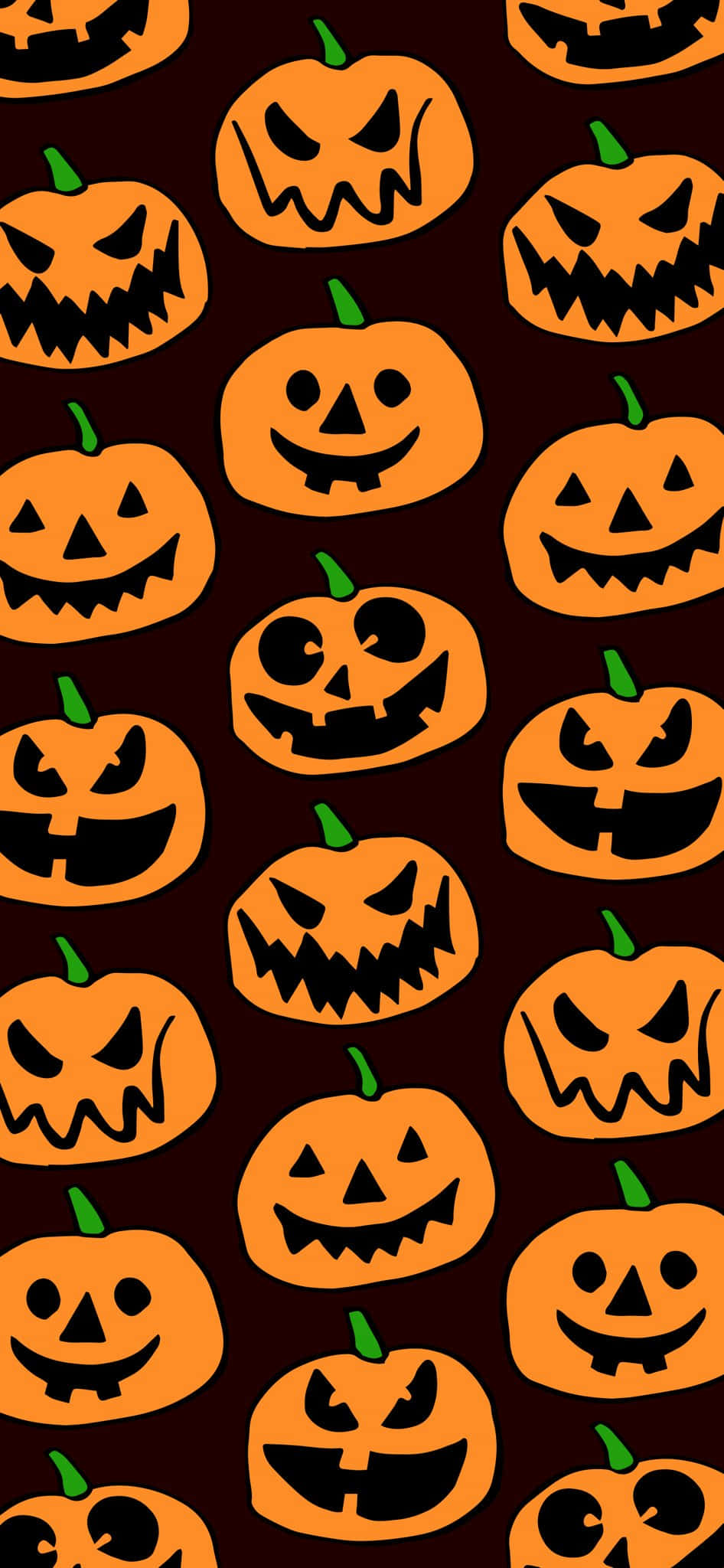 Halloween Phone 桌布 壁紙 — 在深色背景上重複出現的橙色南瓜燈圖案，帶有各種恐怖和微笑的表情。