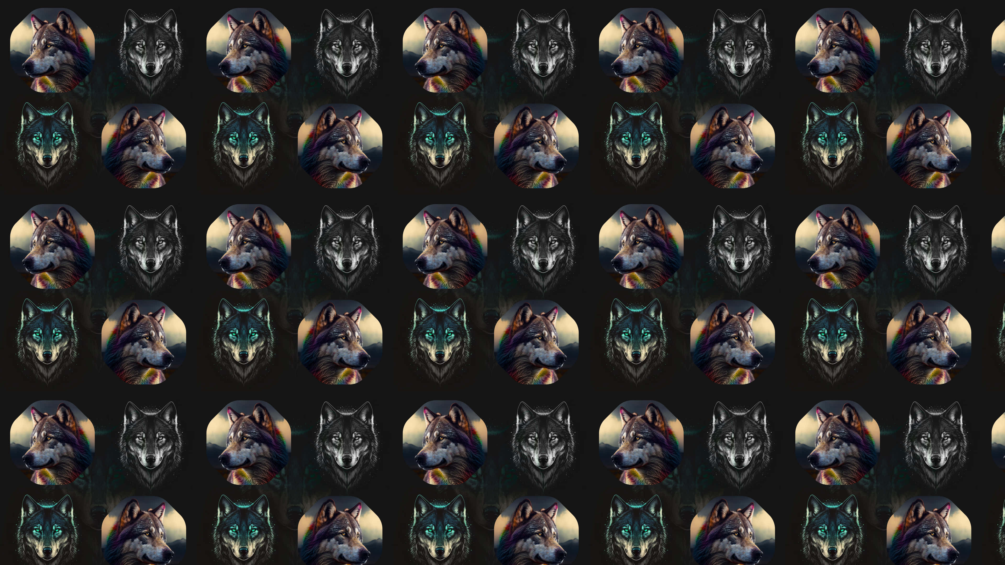 Wolf Pattern 桌布 壁紙 — 在深色背景上重複出現的風格化狼頭圖案，帶有發光的眼睛和彩虹毛皮。