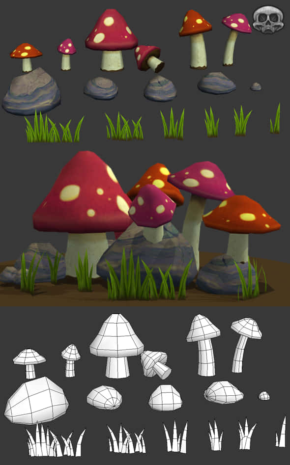 Game Design 桌布 壁紙 — 在深色背景上顯示帶有線框模型的鮮明 3D 渲染蘑菇資產。