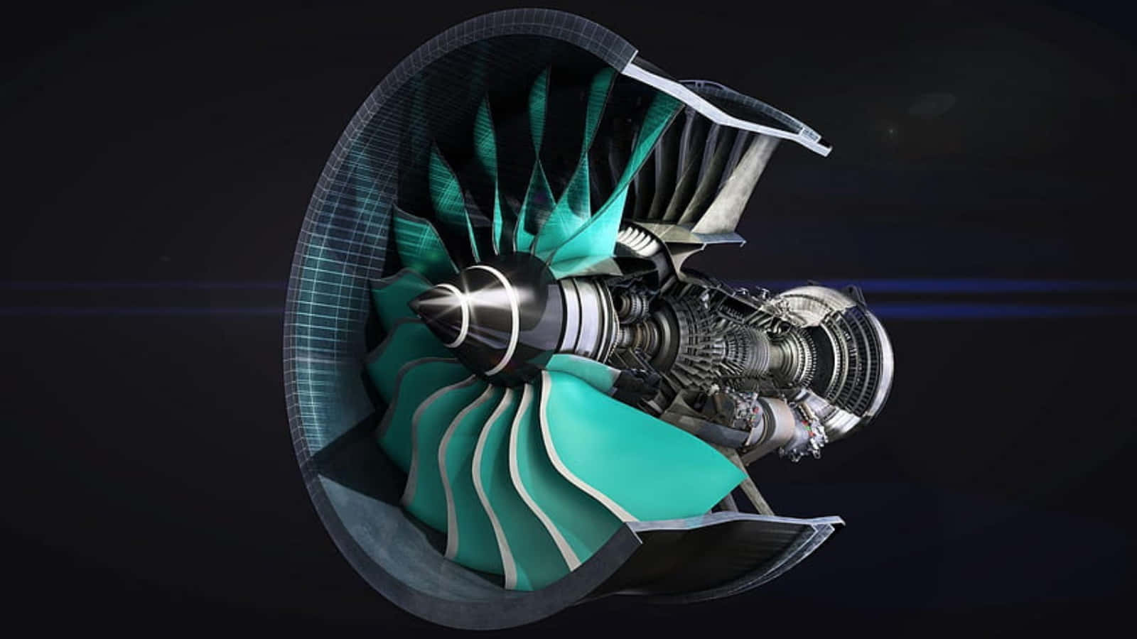 Jet Engine 桌布 壁紙 — 在深色背景下，噴射引擎的剖面3D渲染圖，露出青綠色的渦輪葉片和金屬內部結構。