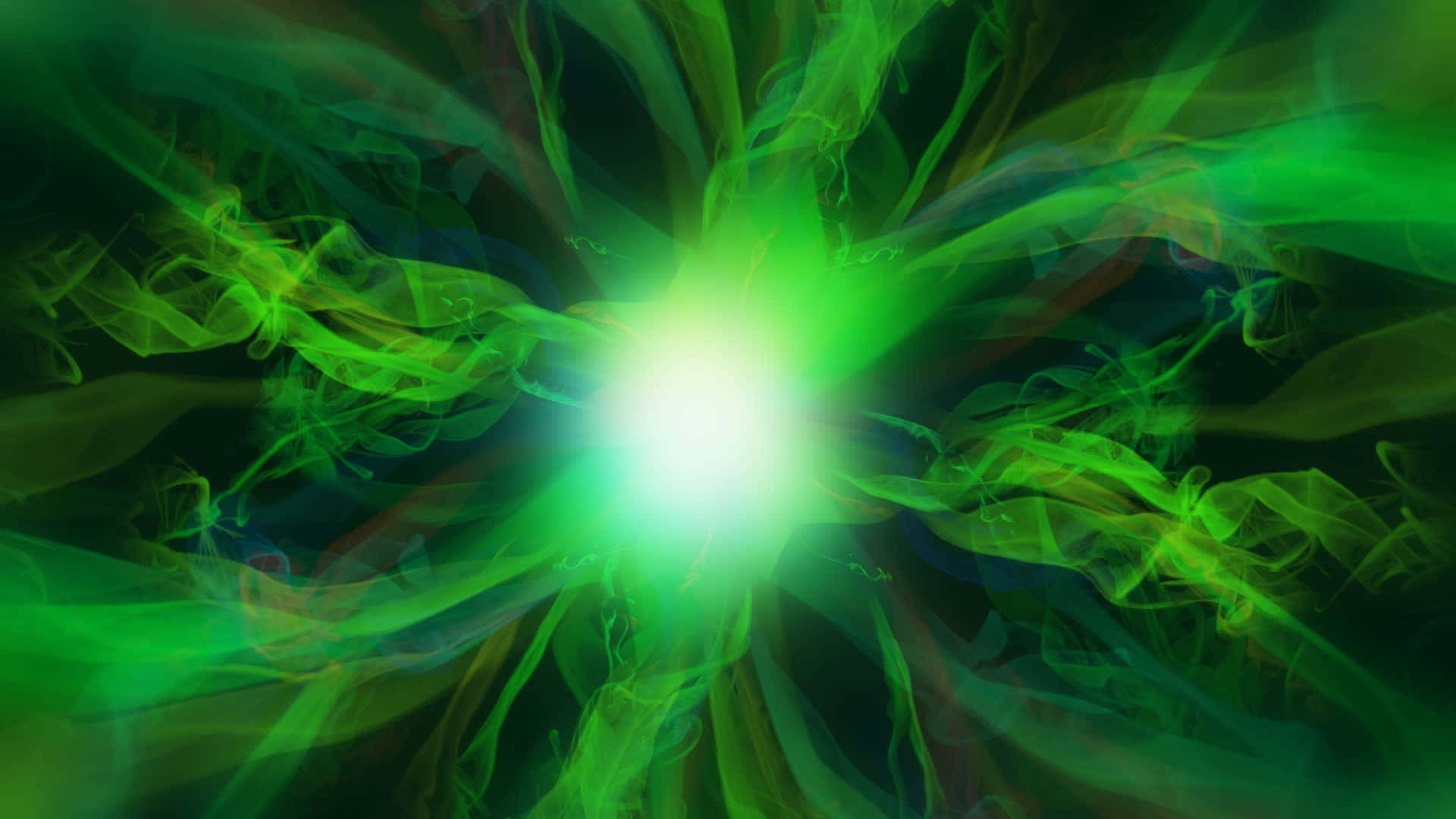 Energy 桌布 壁紙 — 在深色背景下，明亮的中心核心散發出充滿活力的綠色能量流。