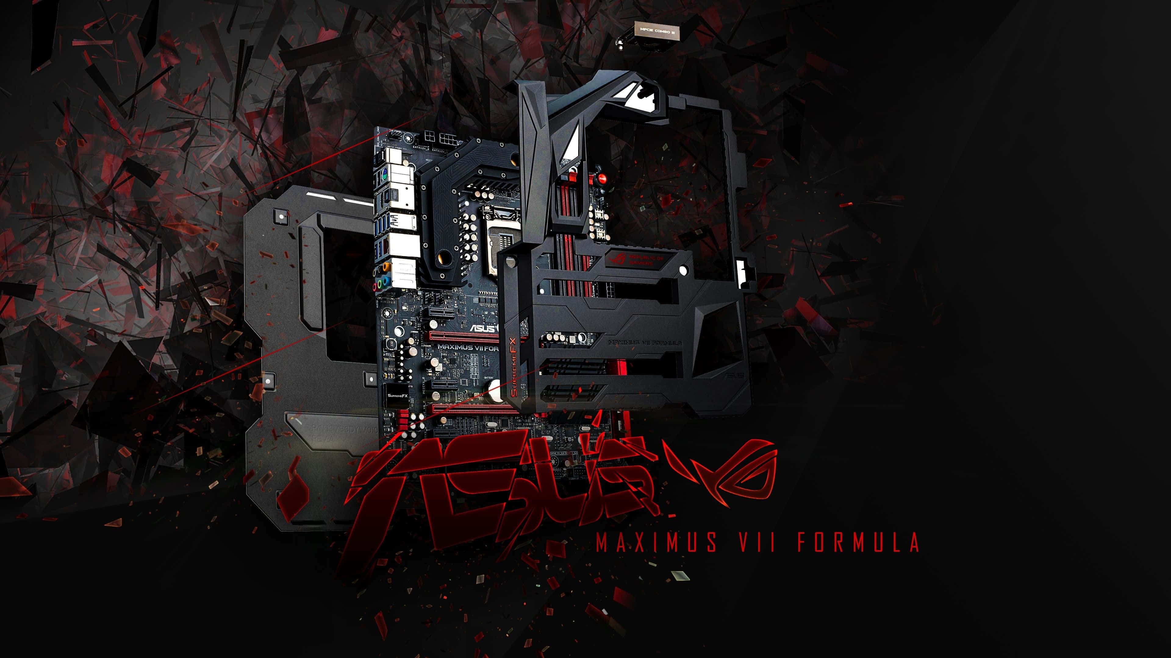 「在深色背景下的 ASUS ROG 遊戲筆電」 壁紙 — 一塊時尚的黑色和紅色 ASUS Maximus VII Formula 主機板從破碎的幾何碎片中浮現，背景為深色。