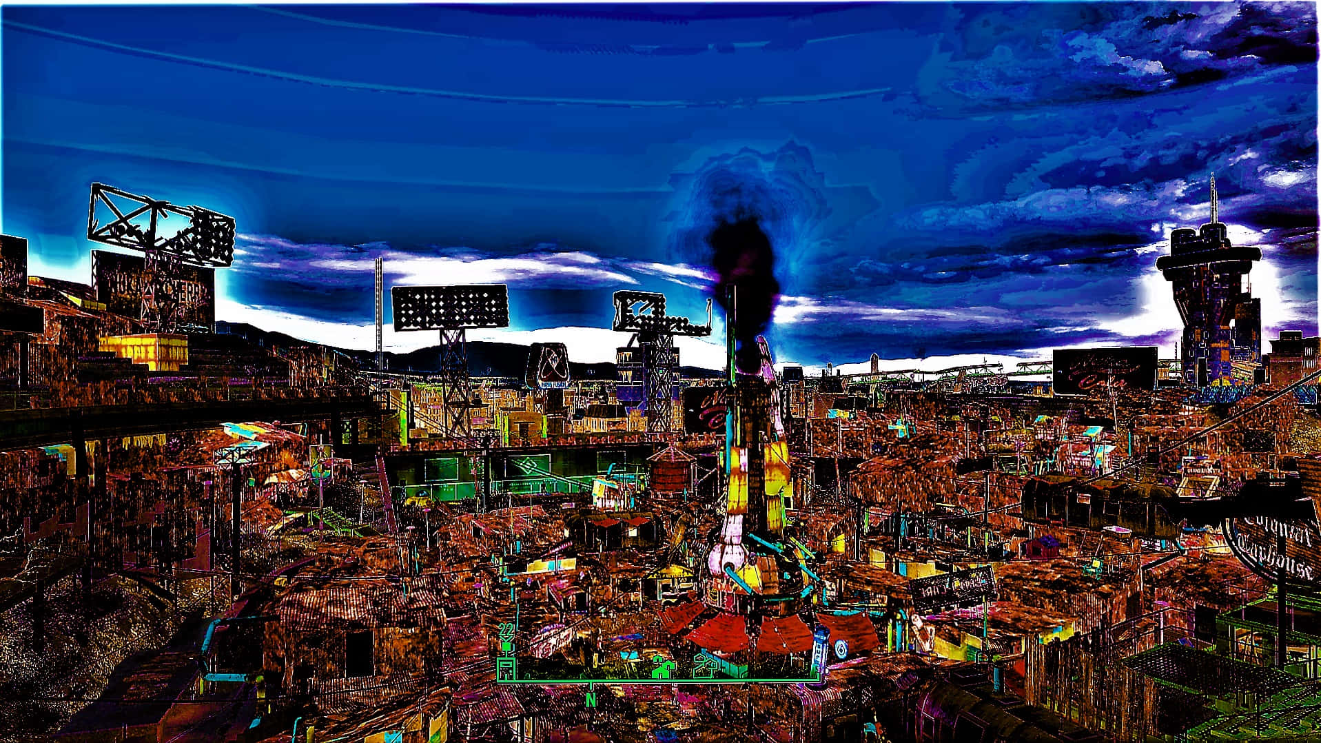 Diamond City 桌布 壁紙 — 在深藍色天空下，一個超現實的數碼藝術夜景城市景觀，帶有霓虹燈和從工業塔樓升起的煙霧。
