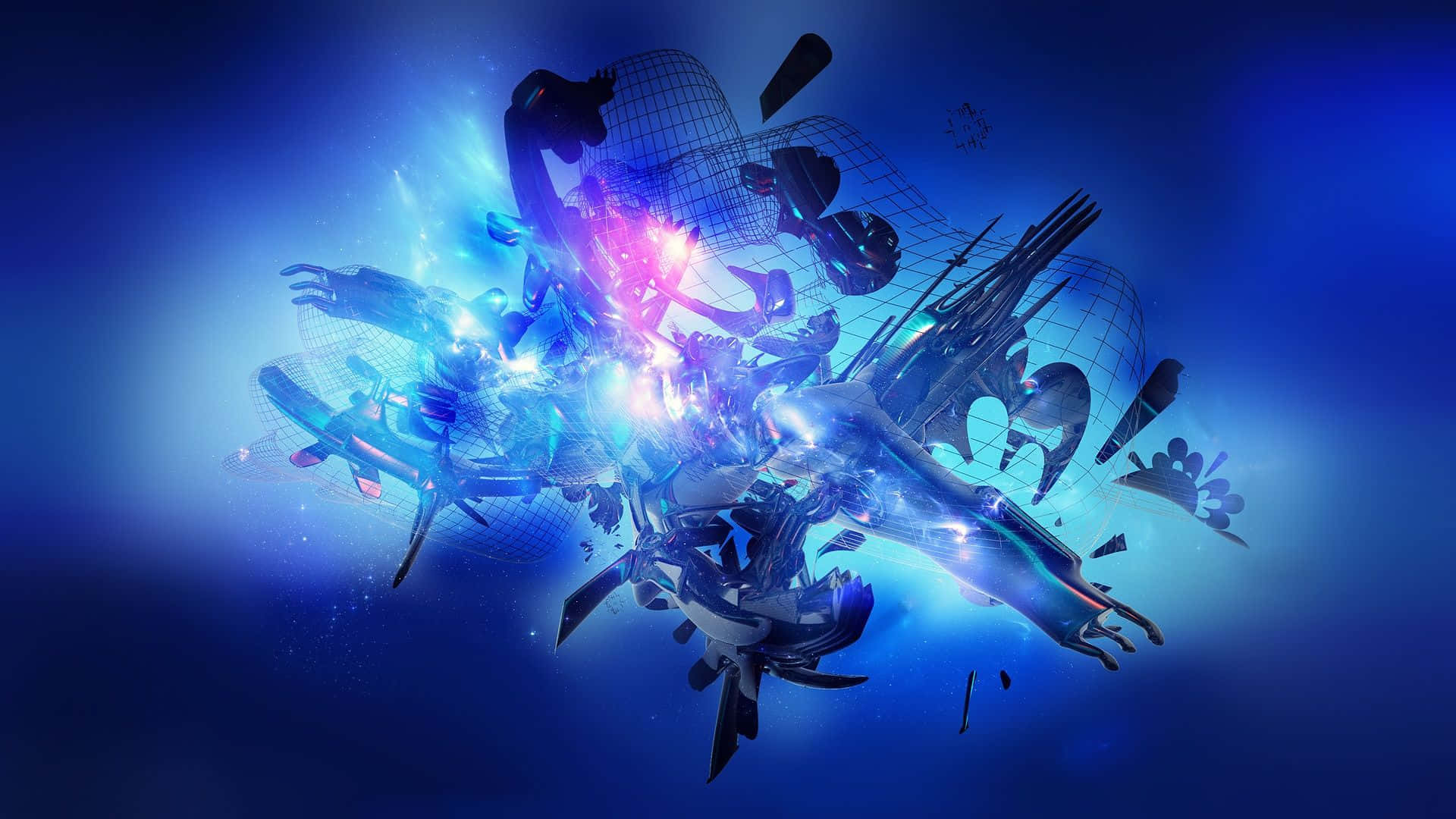 動畫 桌布 壁紙 — 在深藍色宇宙背景下，碎片化的機械肢體與發光能量形成動態數位爆炸。