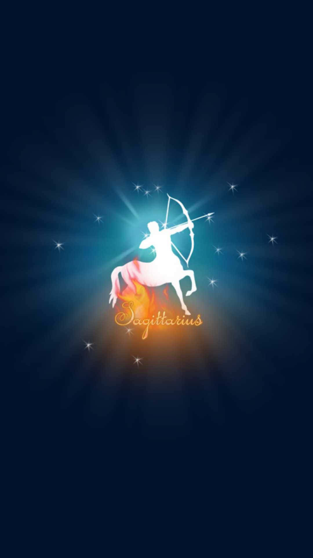 人馬座 桌布 壁紙 — 在深藍色星空背景下，一個發光的白色射手座剪影騎在火焰馬上，伴隨著耀眼的光束。