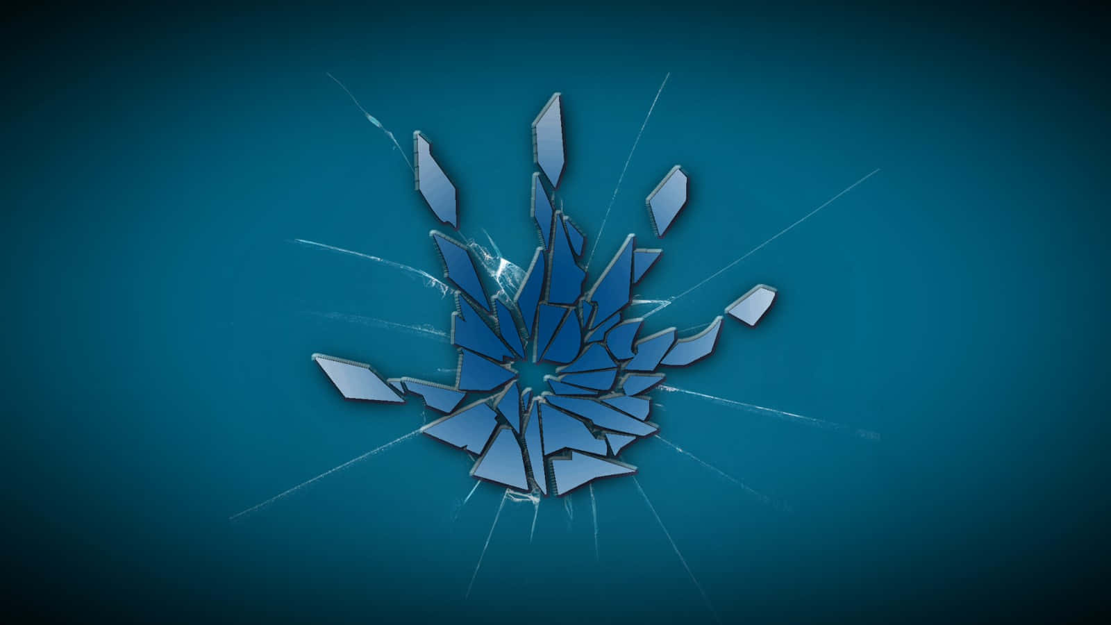 Frostbite 桌布 壁紙 — 在深青色背景上，從中心撞擊點放射出破碎玻璃爆炸效果。