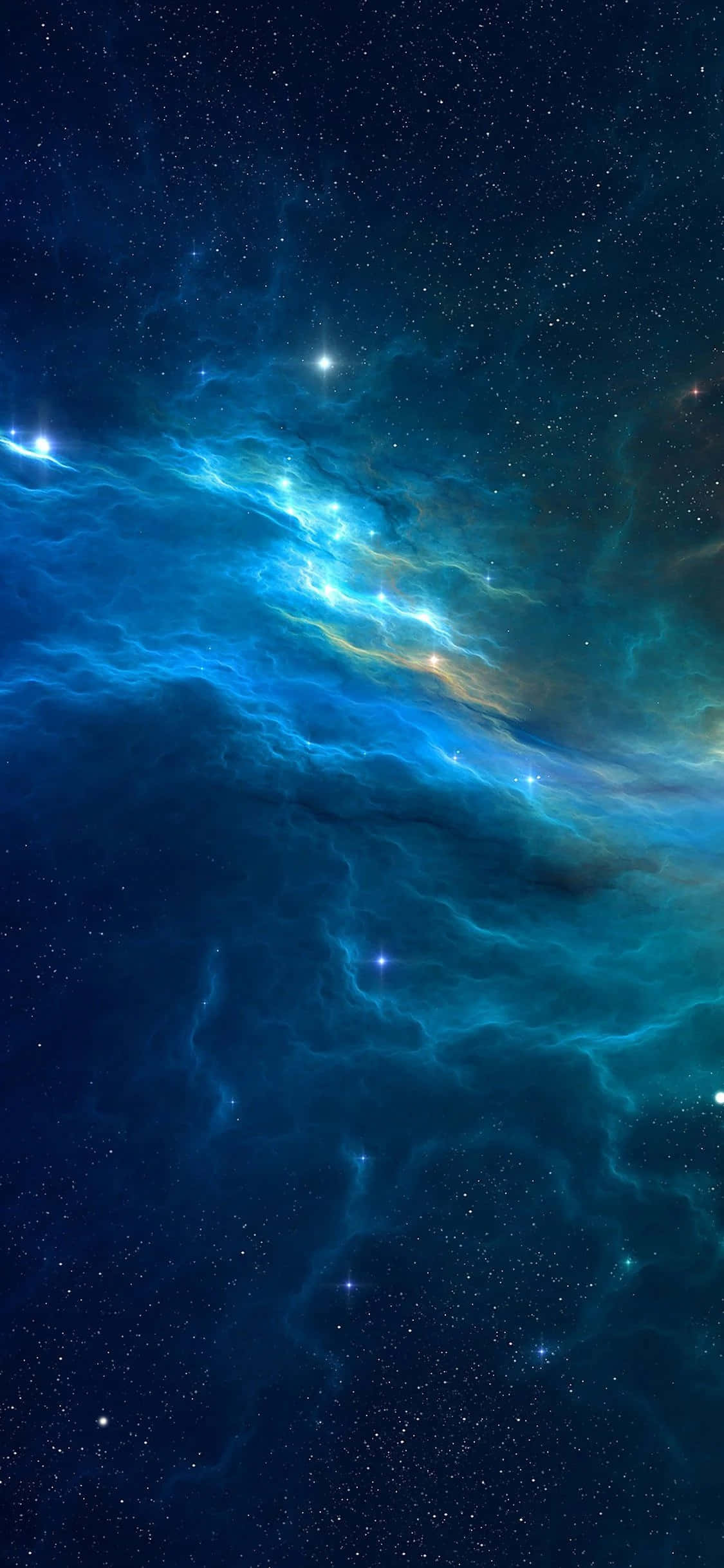 Retina Display 桌布 壁紙 — 在深靛藍色的天空下，一個宇宙星雲在星空中以鮮豔的藍色和青色旋轉。