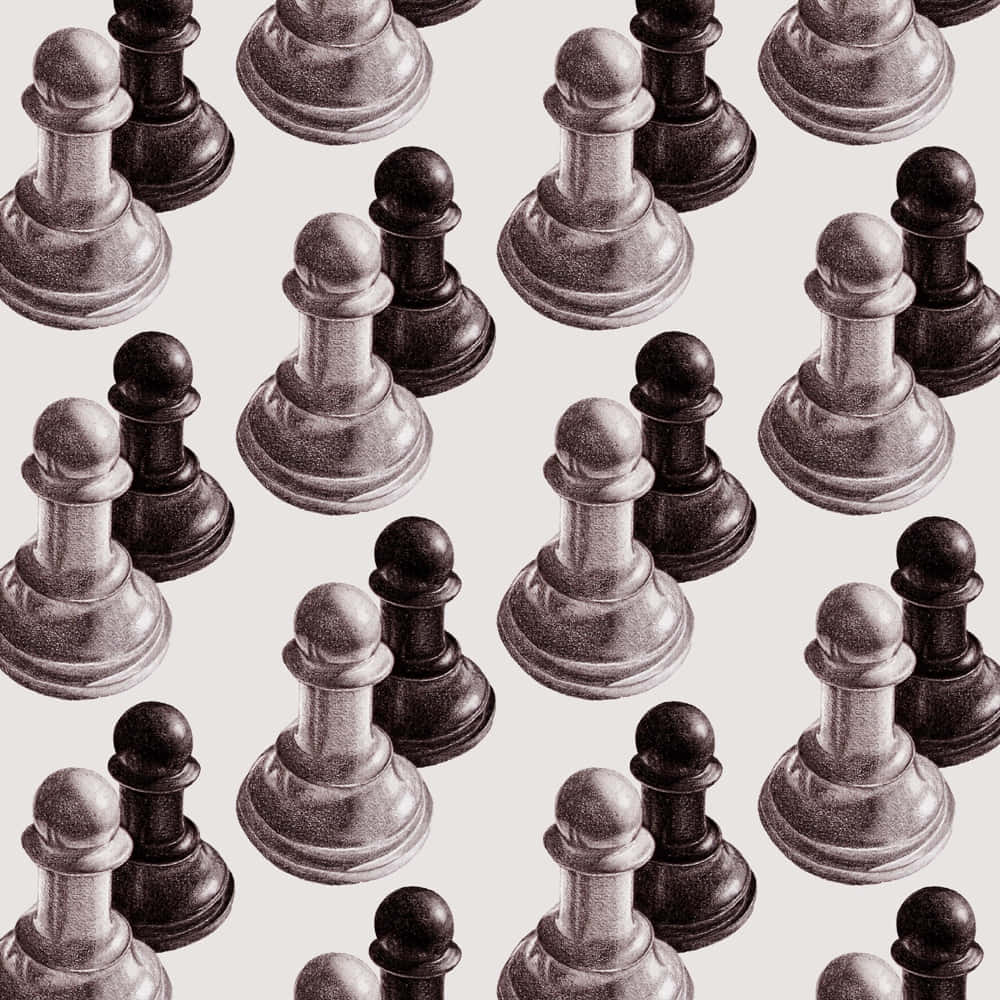 Black And White Chess 桌布 壁紙 — 在淺灰色背景上，以細緻鉛筆陰影繪製的黑白棋子的重複圖案。
