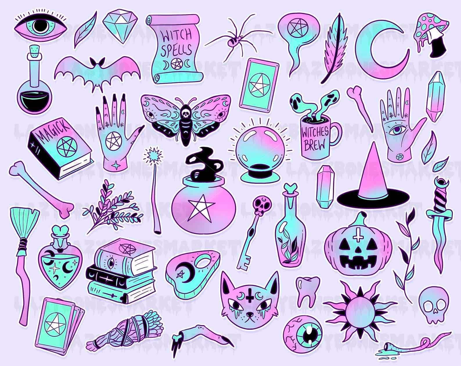 pastel goth 桌布 壁紙 — 在淺紫色背景上，以粉紅和青綠漸變色調呈現的充滿活力的巫術主題圖標集合。