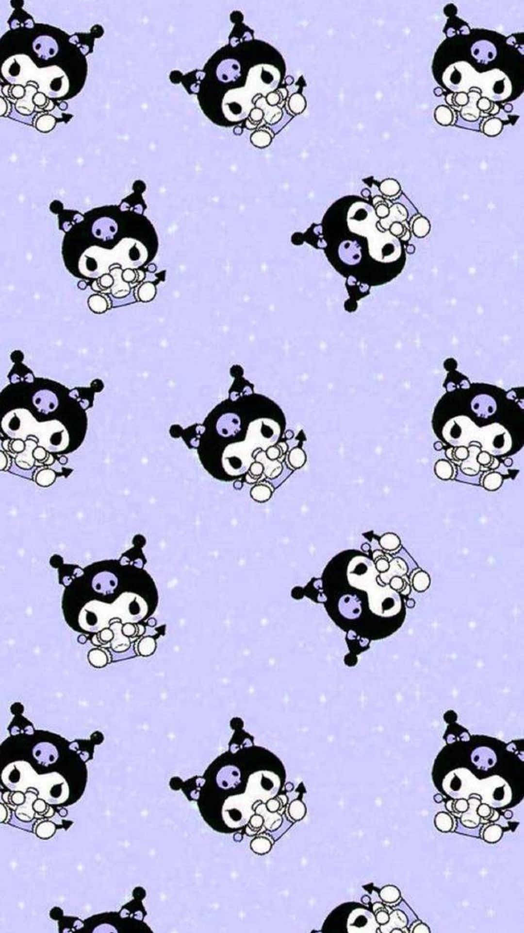 Kuromi Pattern 桌布 壁紙 — 在淺紫色背景上帶有白色圓點的重複黑白Kuromi角色抱著泰迪熊圖案。