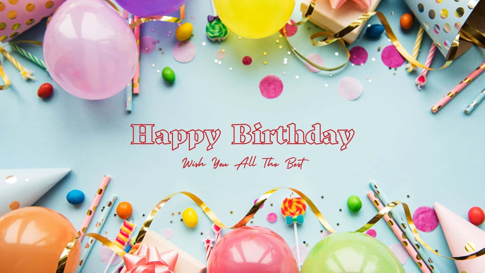 生日祝福 桌布 壁紙 — 在淺藍色背景上，以彩色氣球、糖果和派對帽佈置的平鋪生日慶祝。