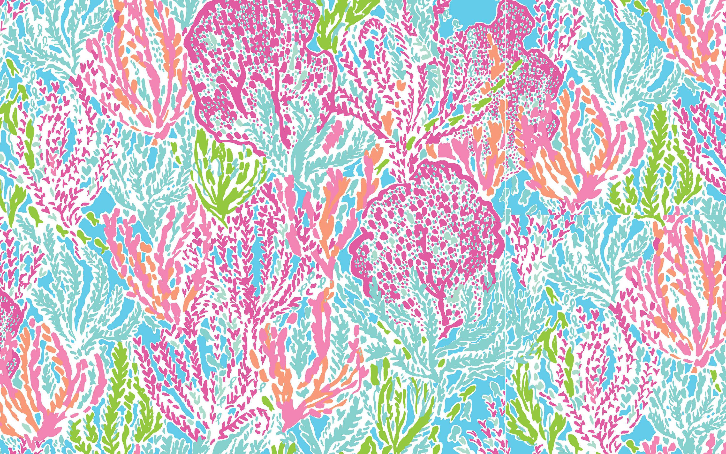 圖案 桌布 壁紙 — 在淺藍色背景上，以粉紅、綠色和藍色組成的鮮豔珊瑚礁圖案。