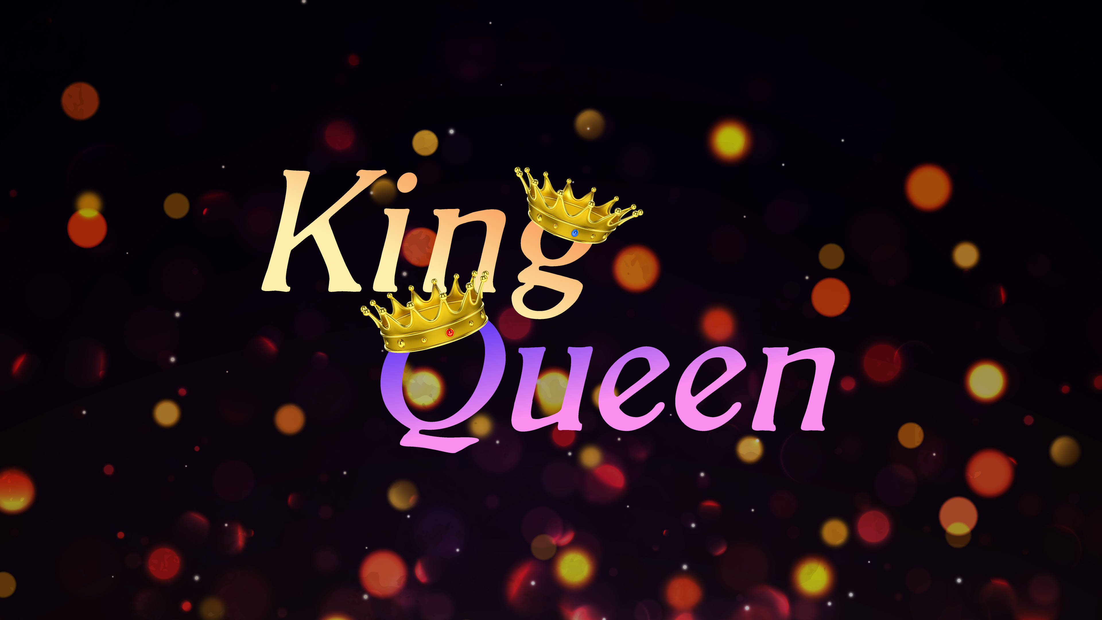 king 桌布 壁紙 — 在溫暖散景燈光的黑暗背景下，閃耀的國王與女王文字飾以金色皇冠。