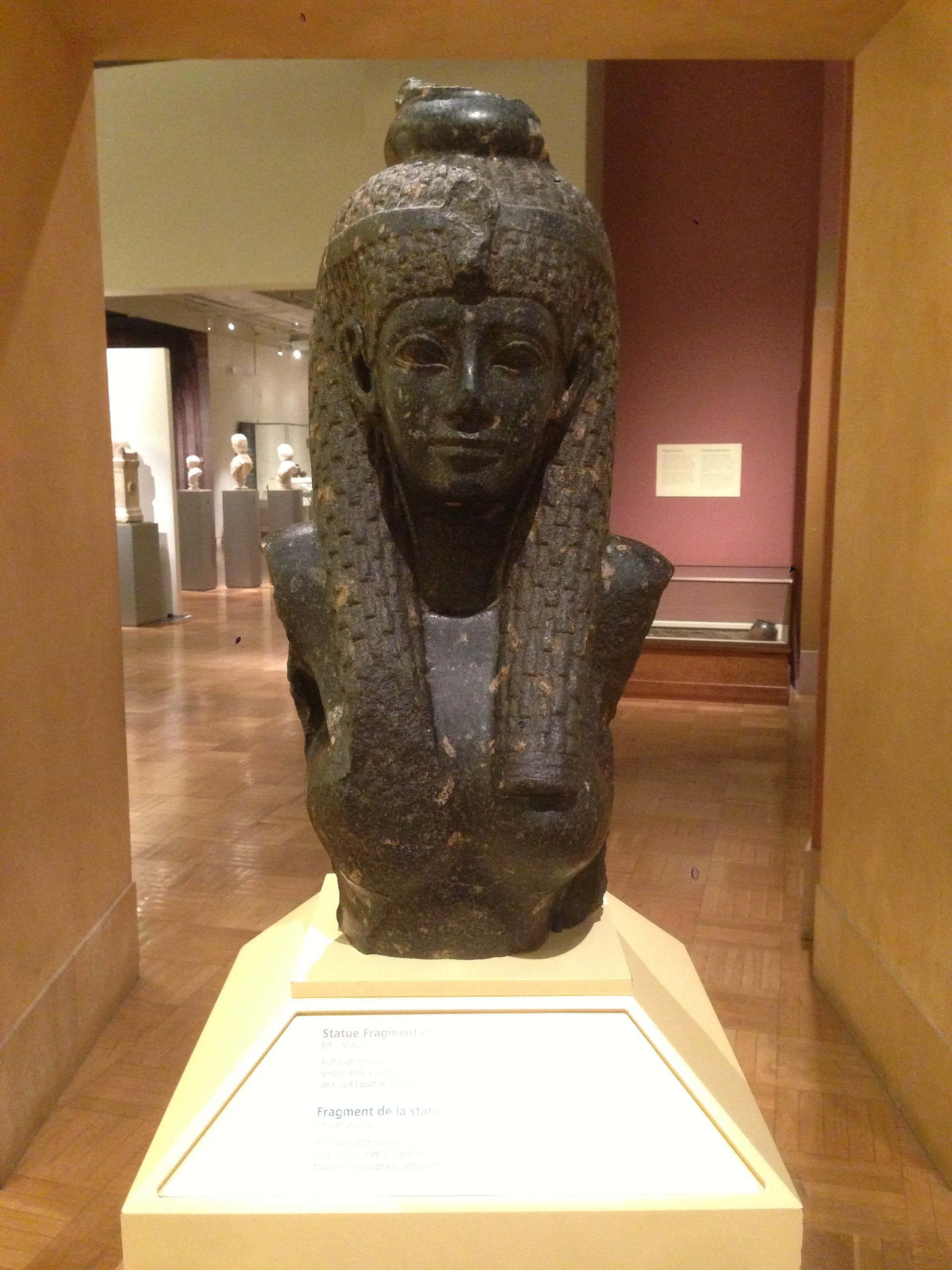 Cleopatra 桌布 壁紙 — 在溫暖燈光和木地板的博物館畫廊中展示的法老古埃及石像碎片。