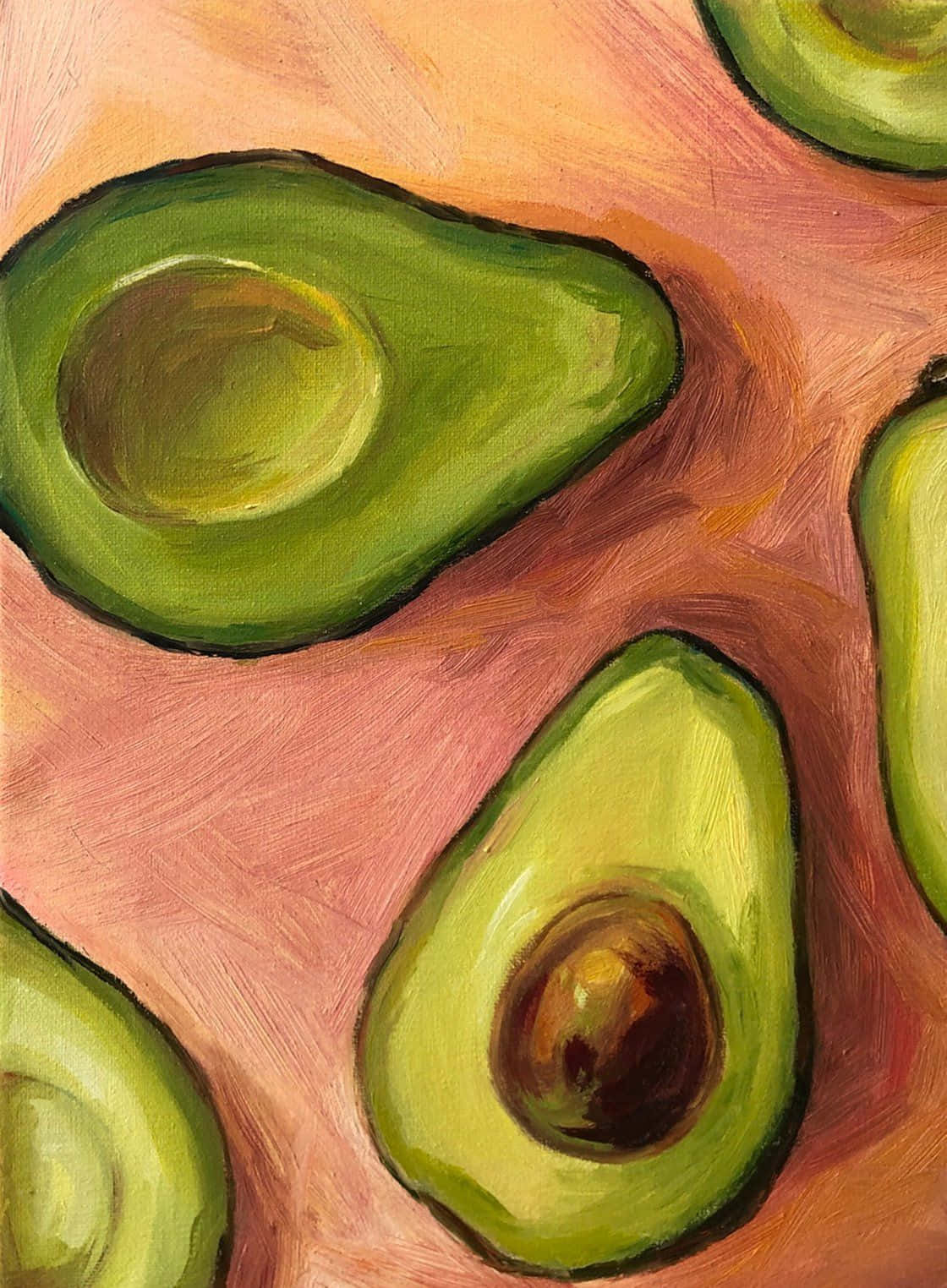 Minimalist Painting 桌布 壁紙 — 在溫暖的粉紅色背景上，用帶有紋理的油彩繪製的切片牛油果，可見筆觸。