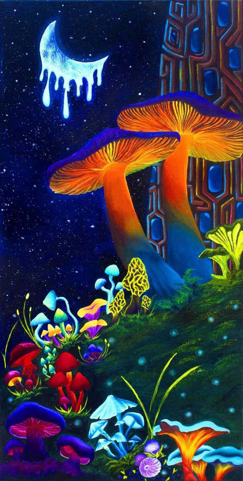 Trippy Mushroom 桌布 壁紙 — 在滴水的彎月下，超現實的夜間森林中，生機勃勃的發光蘑菇生長著。