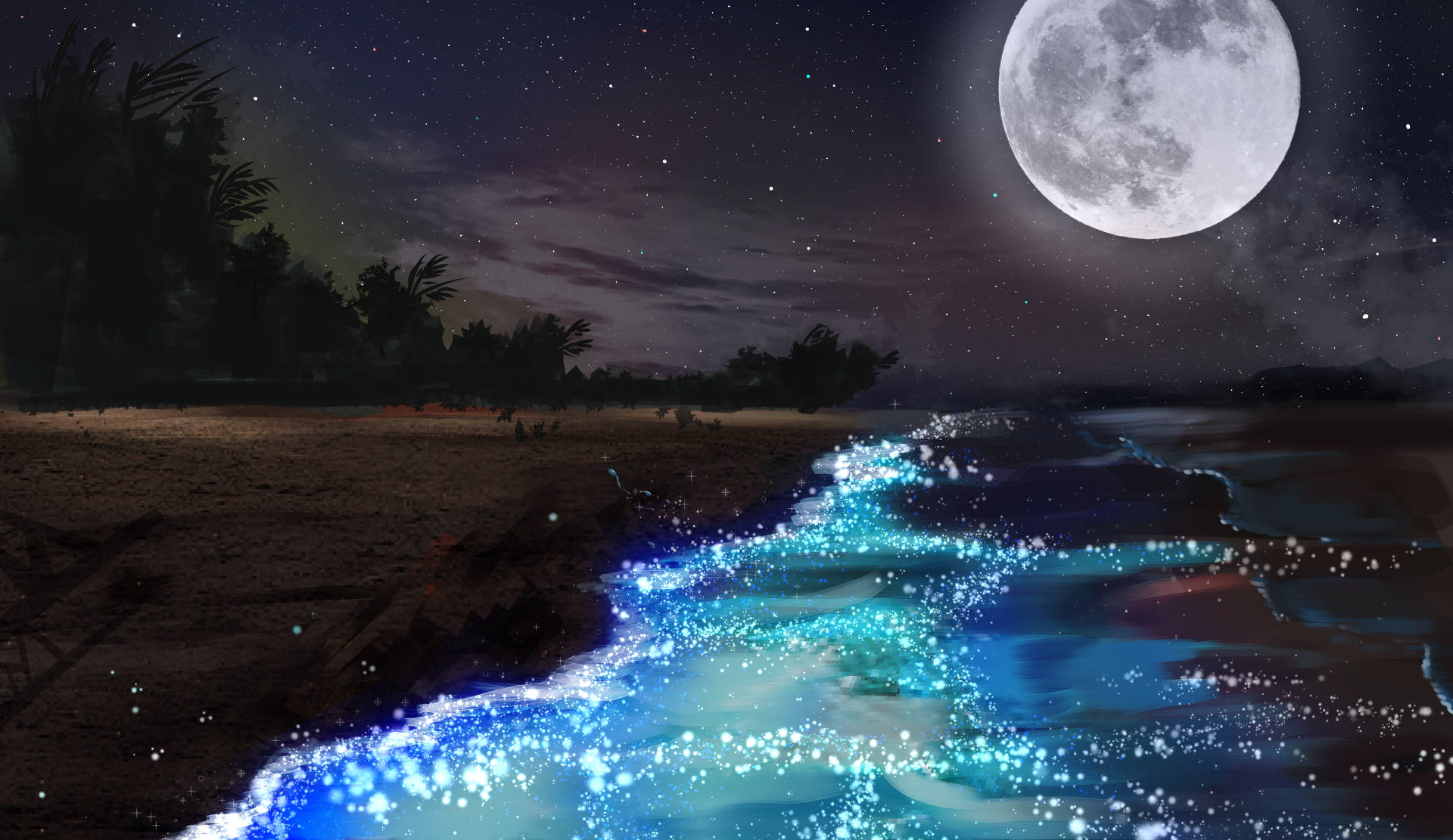 夜空 桌布 壁紙 — 在滿月和繁星點點的夜空下，一道發光的藍色生物發光海浪拍打著沙灘。