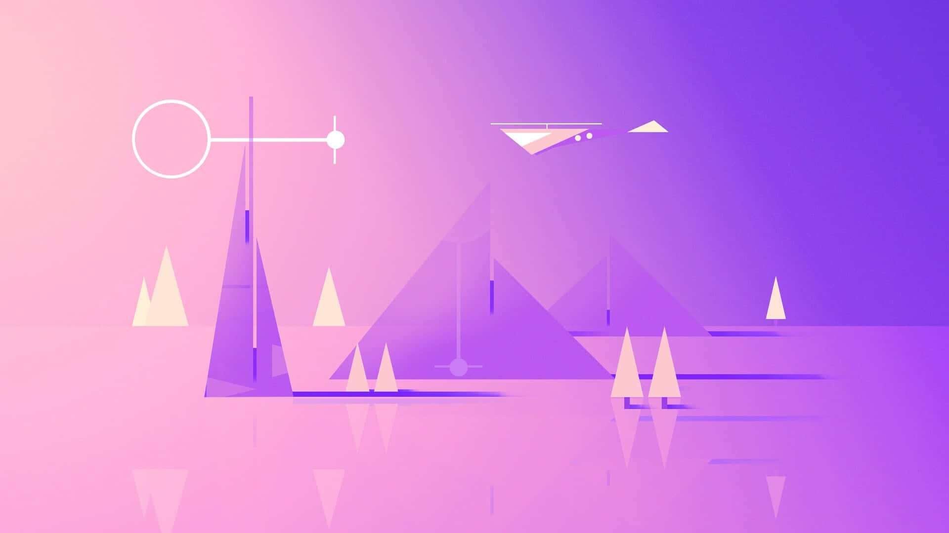 Minimalist Technology 桌布 壁紙 — 在漸變粉紅和紫色天空下，由幾何山脈和樹木組成的極簡數位風景。