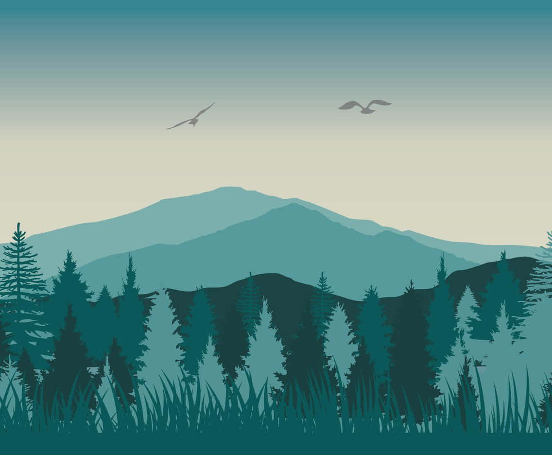Vector Art 桌布 壁紙 — 在漸變色天空下，剪影般的常綠樹和遠山，兩隻鳥在頭頂翱翔。