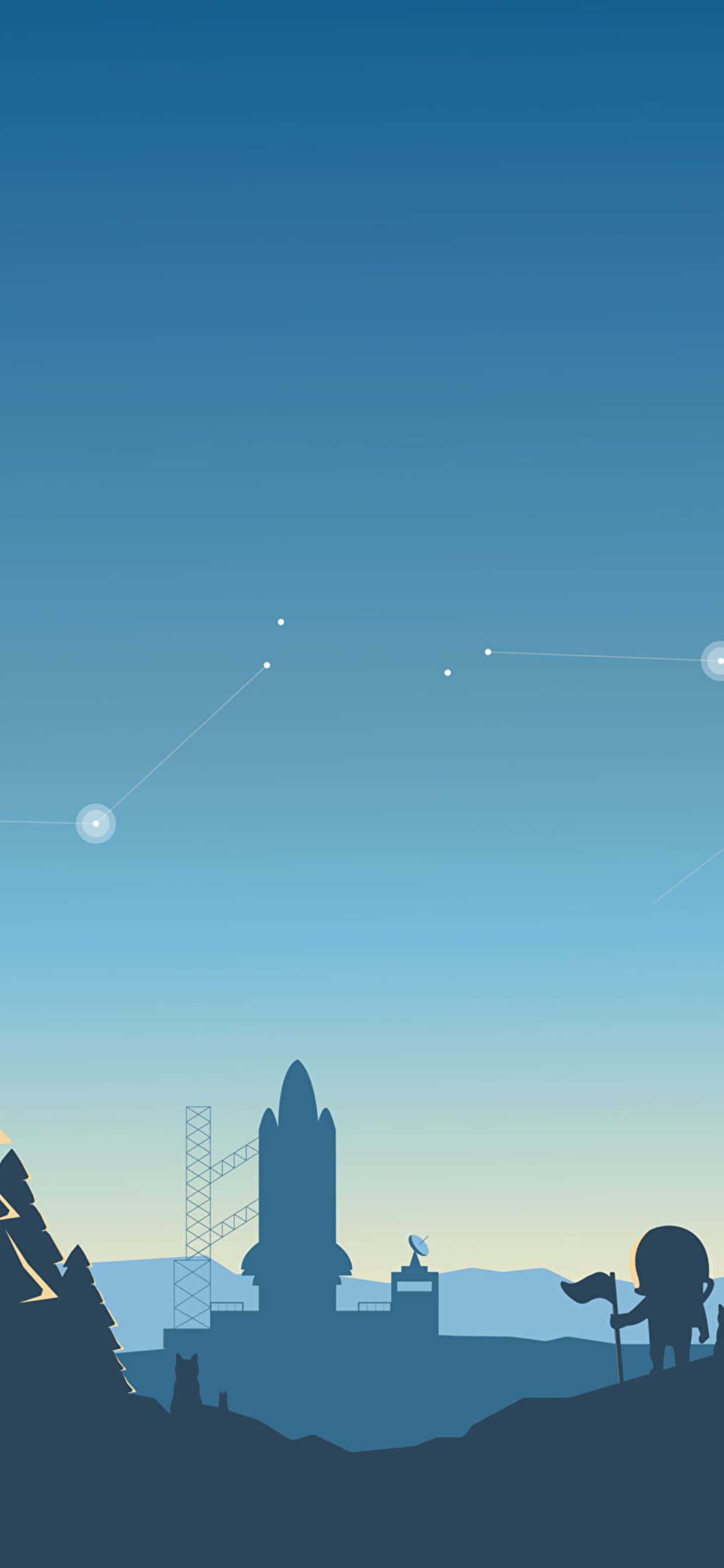Minimalist Phone 桌布 壁紙 — 在漸變藍天下，發射台上的太空穿梭機剪影，點綴著星座和山坡上的孤獨探險家。