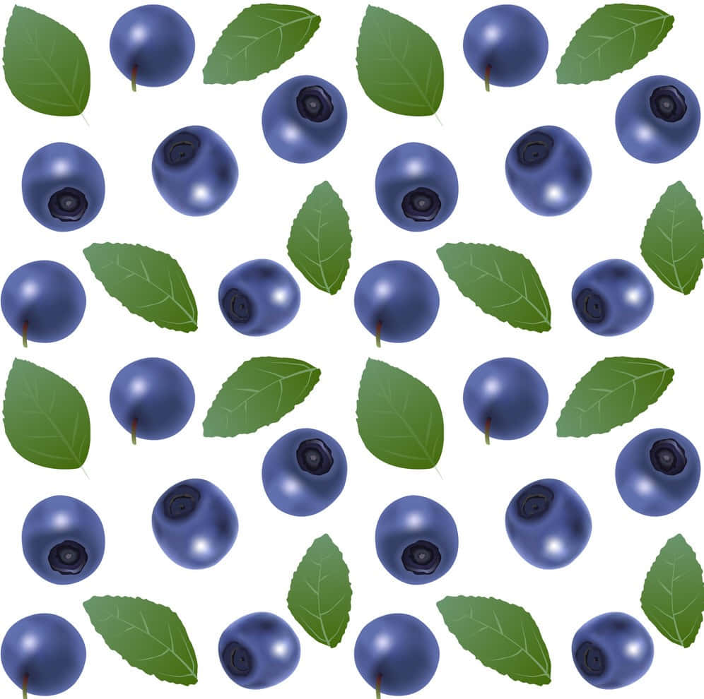 Blueberry 桌布 壁紙 — 在潔淨的白色背景上，重複圖案的光澤藍莓和綠色葉子。