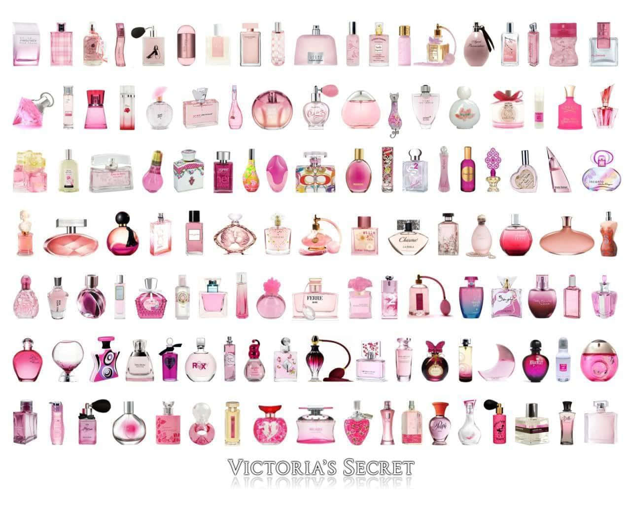 Victoria Secret 桌布 壁紙 — 在潔白背景上，排列著各種粉紅色調和形狀的維多利亞的秘密香水瓶，形成充滿活力的網格。