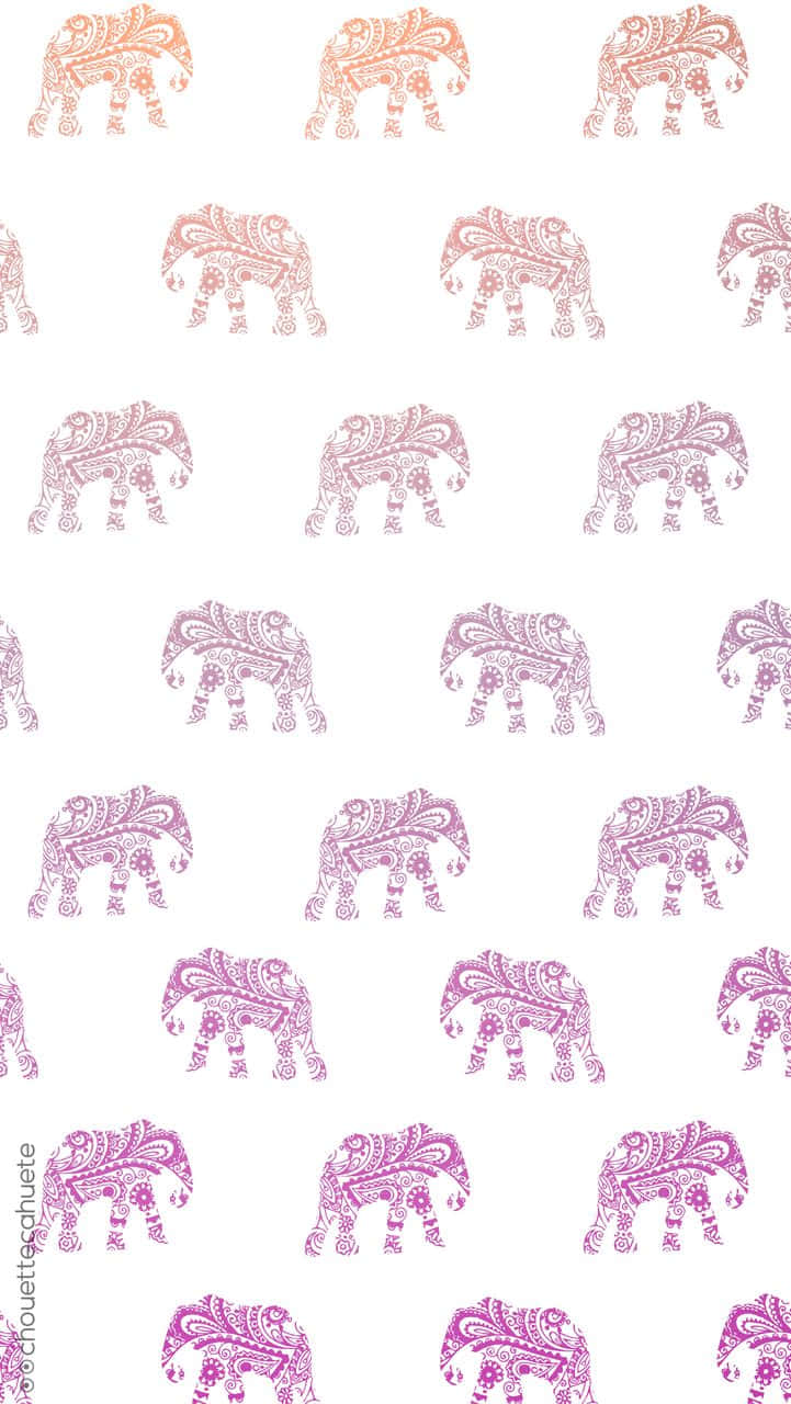Pink Elephant 桌布 壁紙 — 在潔白背景上重複出現的華麗裝飾大象圖案，採用漸變粉紅色調。