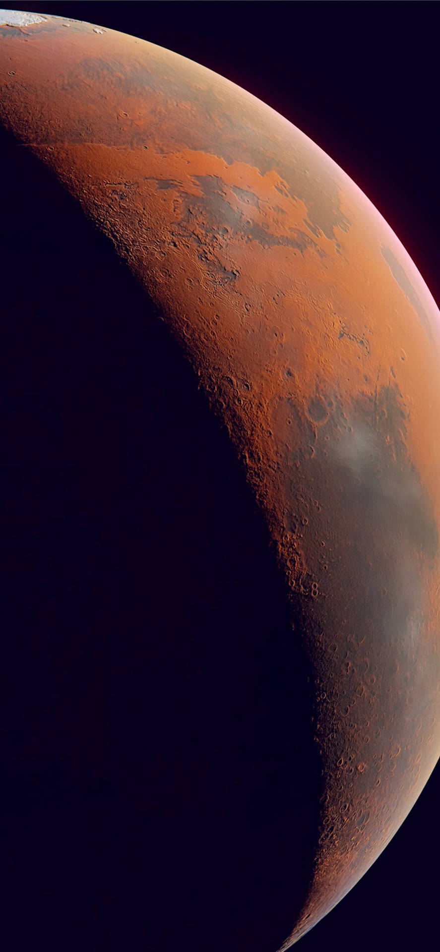 新月形火星行星，帶有鏽橙色表面和黑暗太空背景