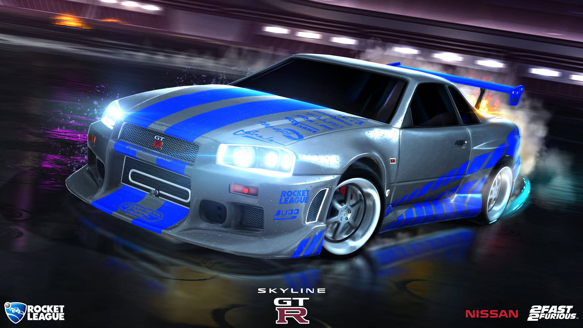 銀色日產Skyline GT-R，藍色條紋在霓虹隧道中漂移。
