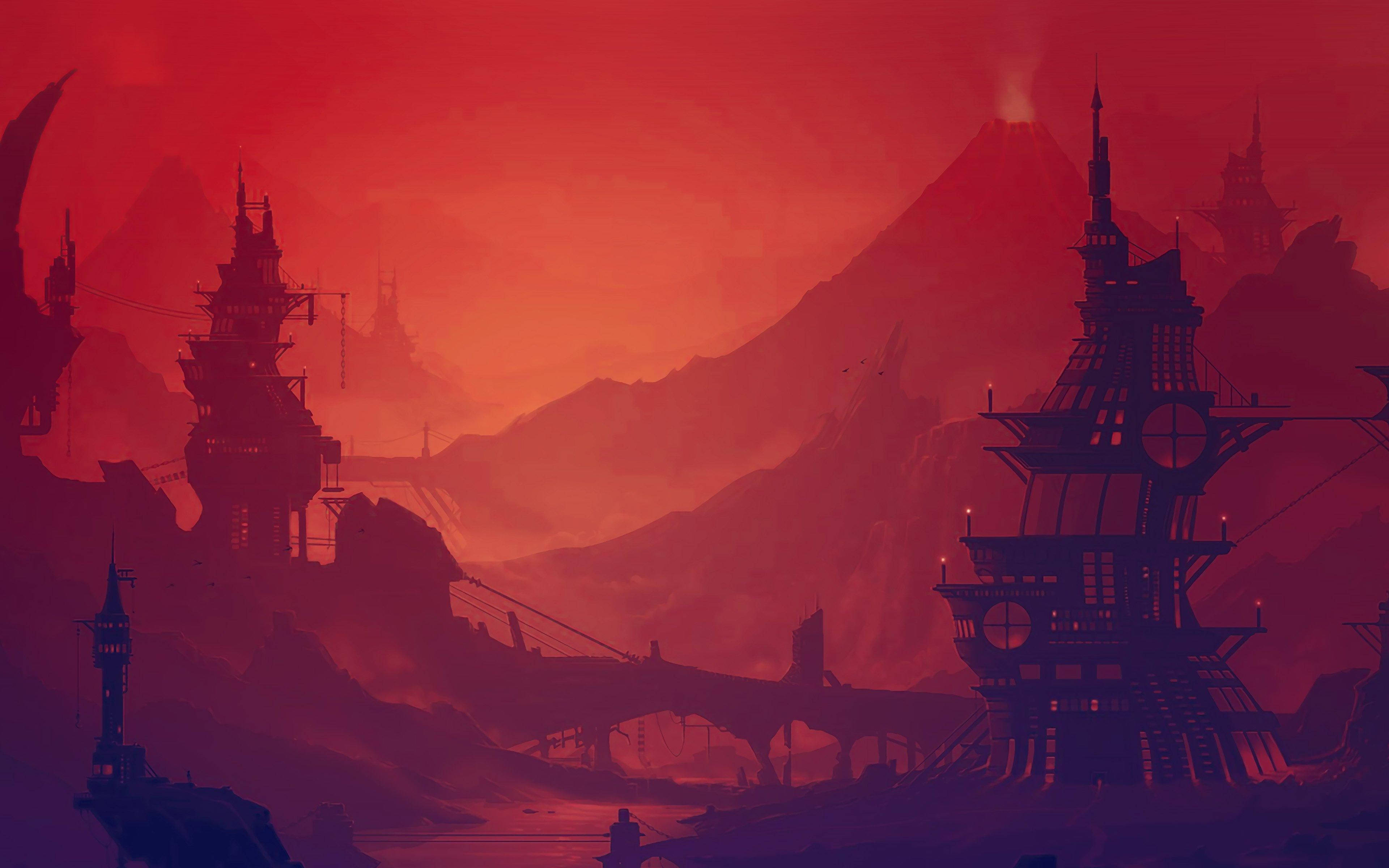 Silhouette 桌布 壁紙 — 在火紅橙色的日落天空下，剪影般的奇幻塔樓和橋樑從霧氣繚繞的山巒中升起。