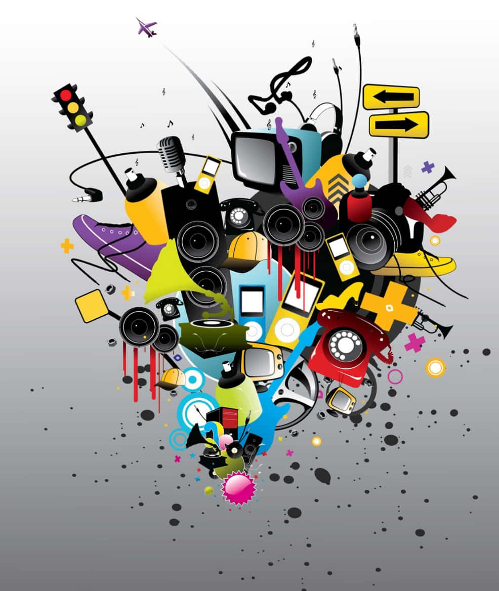 graphic design 桌布 壁紙 — 在灰色背景上，復古科技小工具和樂器從中心點迸發出的鮮豔爆炸效果。