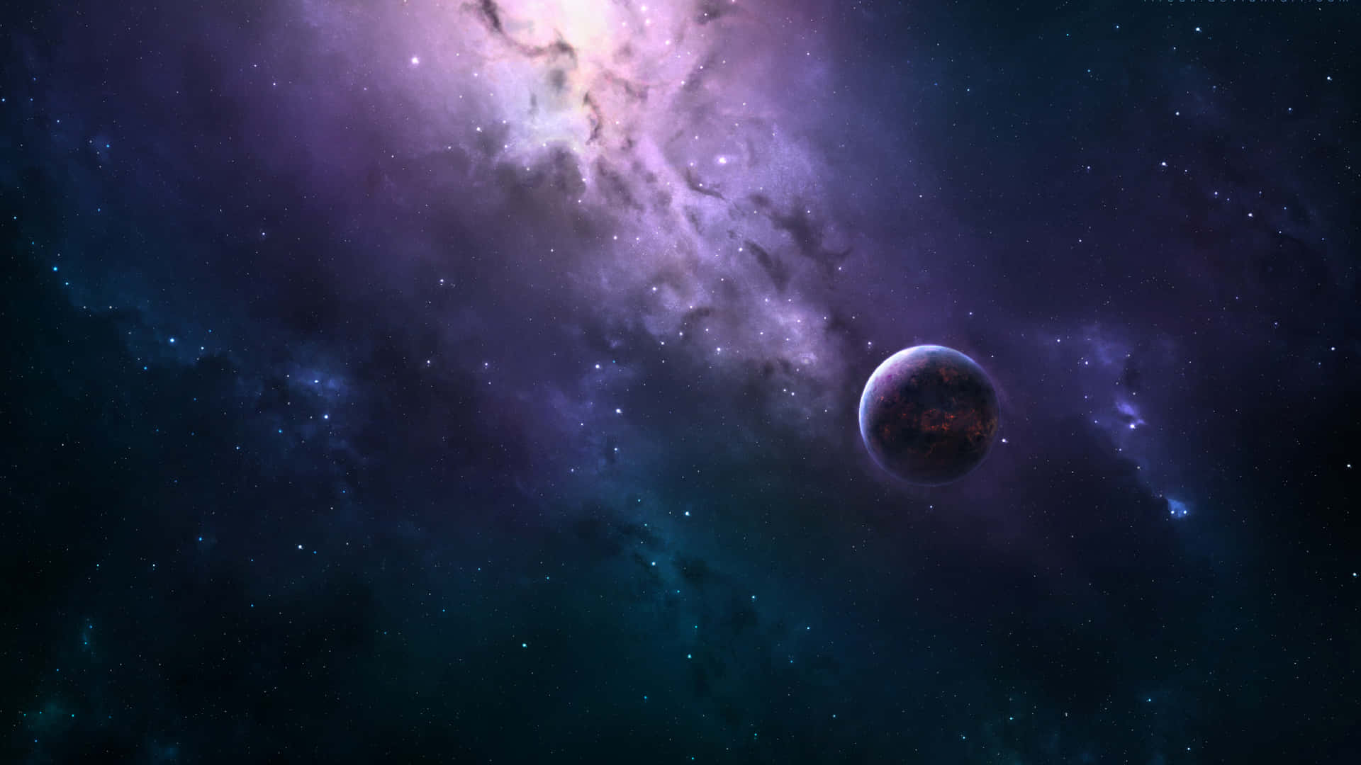 一顆行星在色彩繽紛的宇宙星雲中漂浮，伴隨著星星。