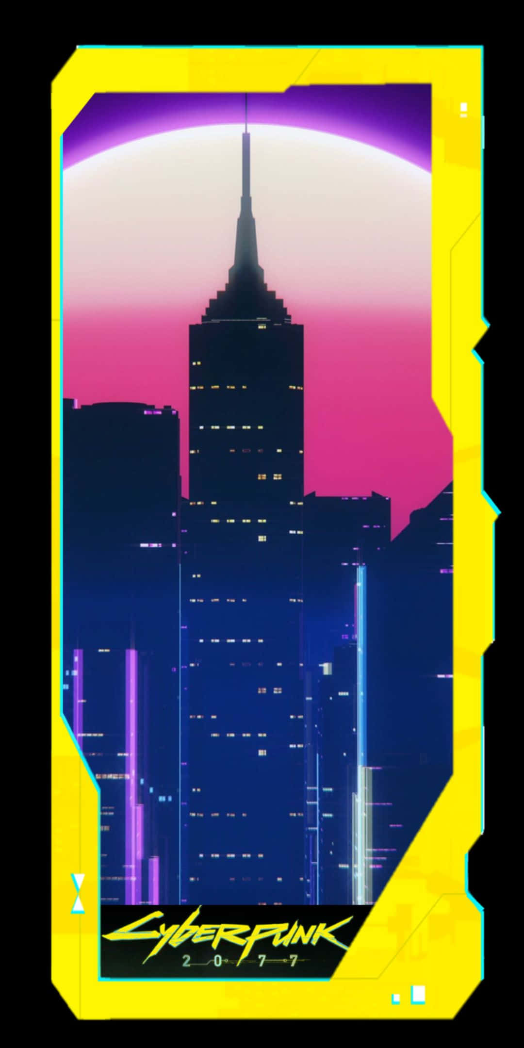 在無限可能的世界中，與 Pixel 3 和《賽博朋克 2077》一同啟程 壁紙 — 黃昏時分，霓虹燈閃爍的賽博龐克城市景觀，一座高聳的摩天大樓在發光的粉紅色和紫色天空映襯下形成剪影，並由黃色數位邊框框住。