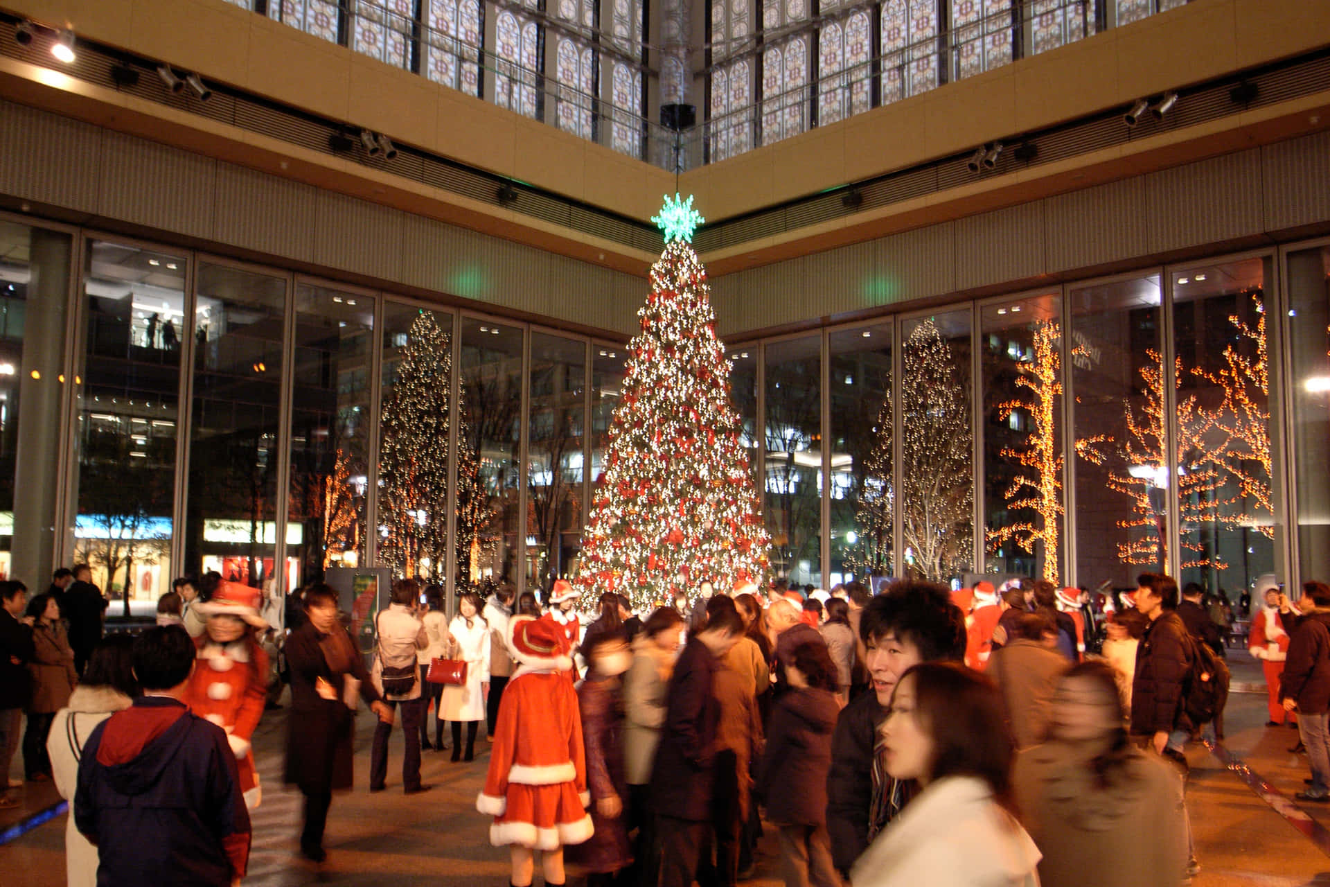 人群在夜間室內圍繞著裝飾好的聖誕樹慶祝聖誕節。